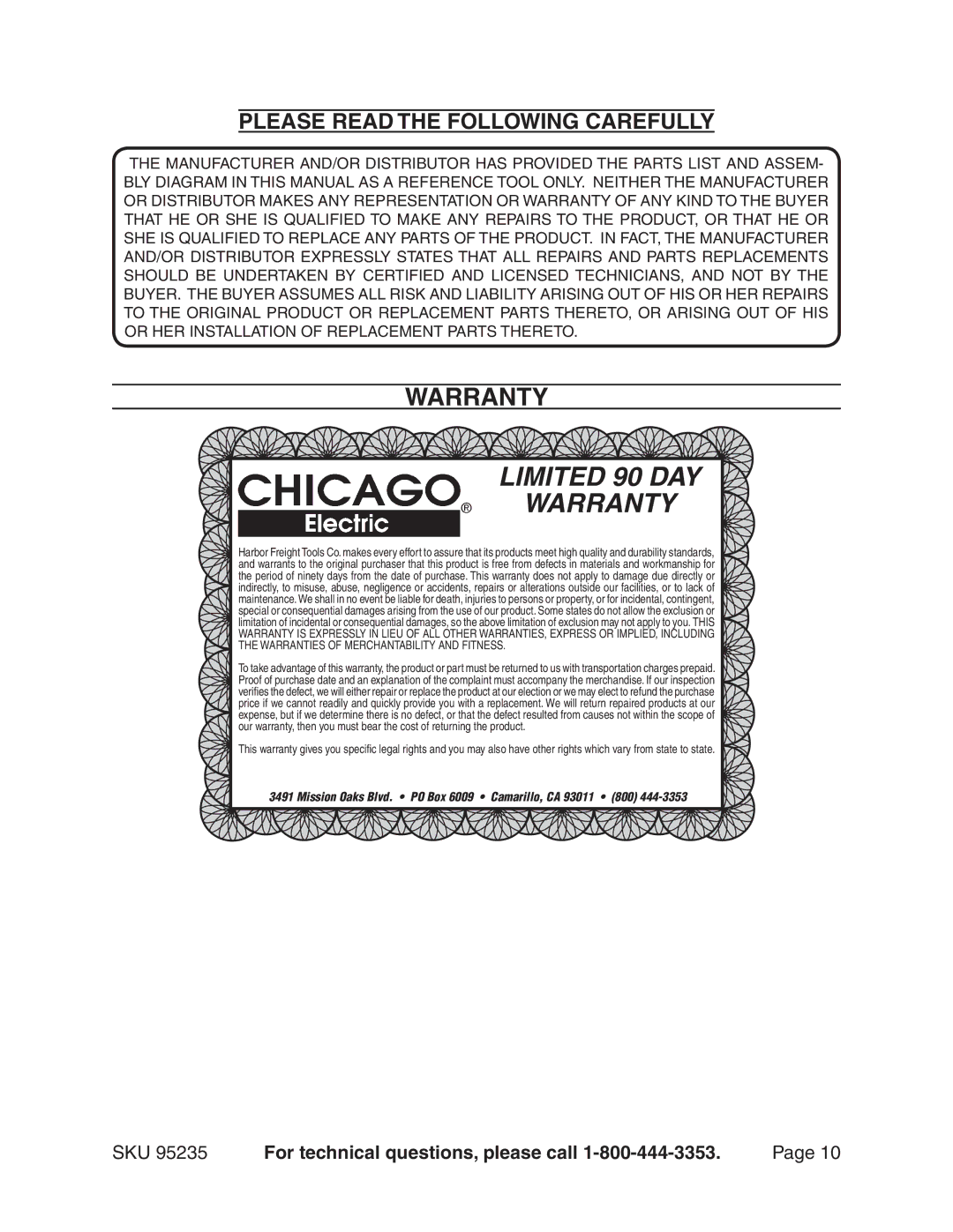 Chicago Electric 95235 manual Limited 90 Day warranty, Please Read the Following Carefully 