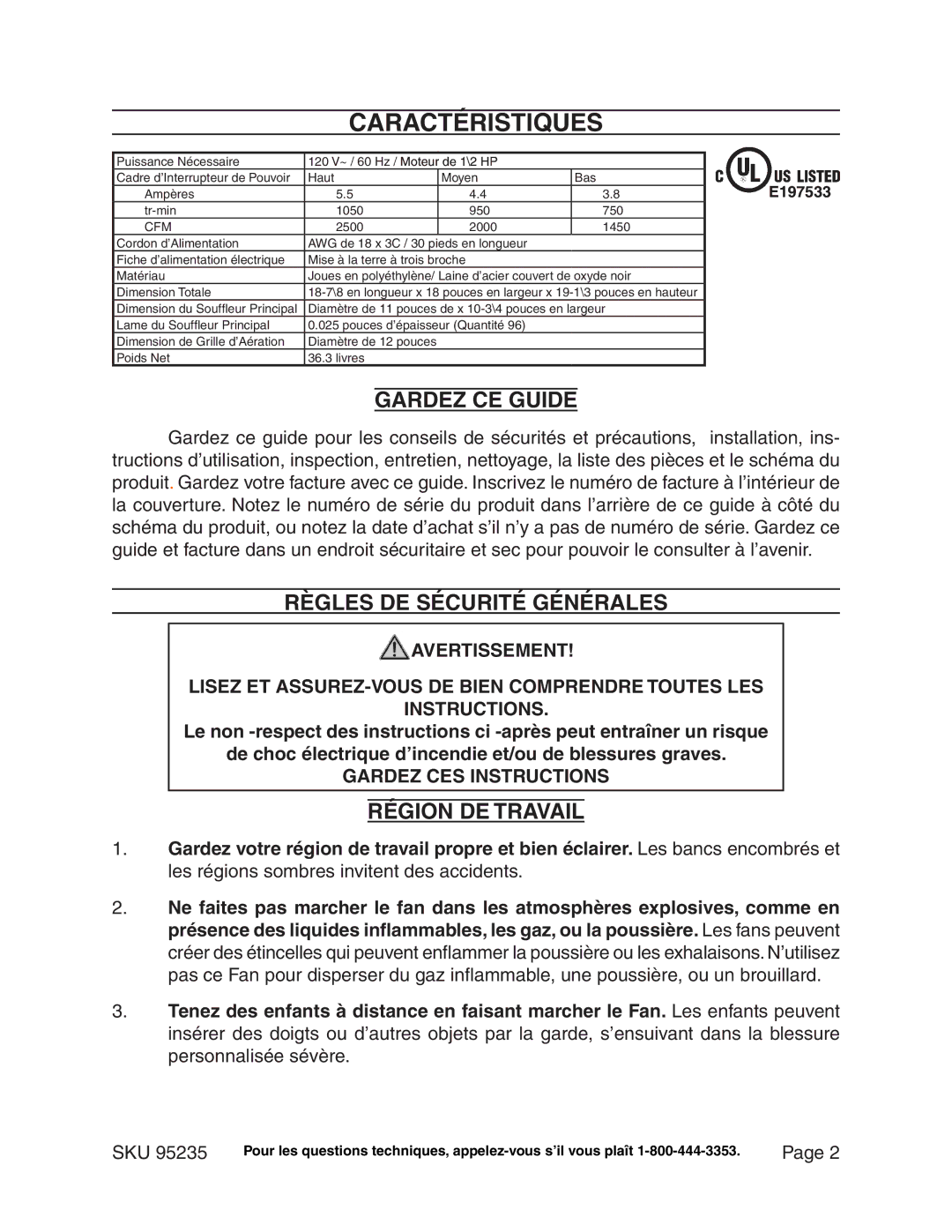 Chicago Electric 95235 manual Caractéristiques, Gardez CE Guide, Règles DE Sécurité Générales, Région DE Travail 