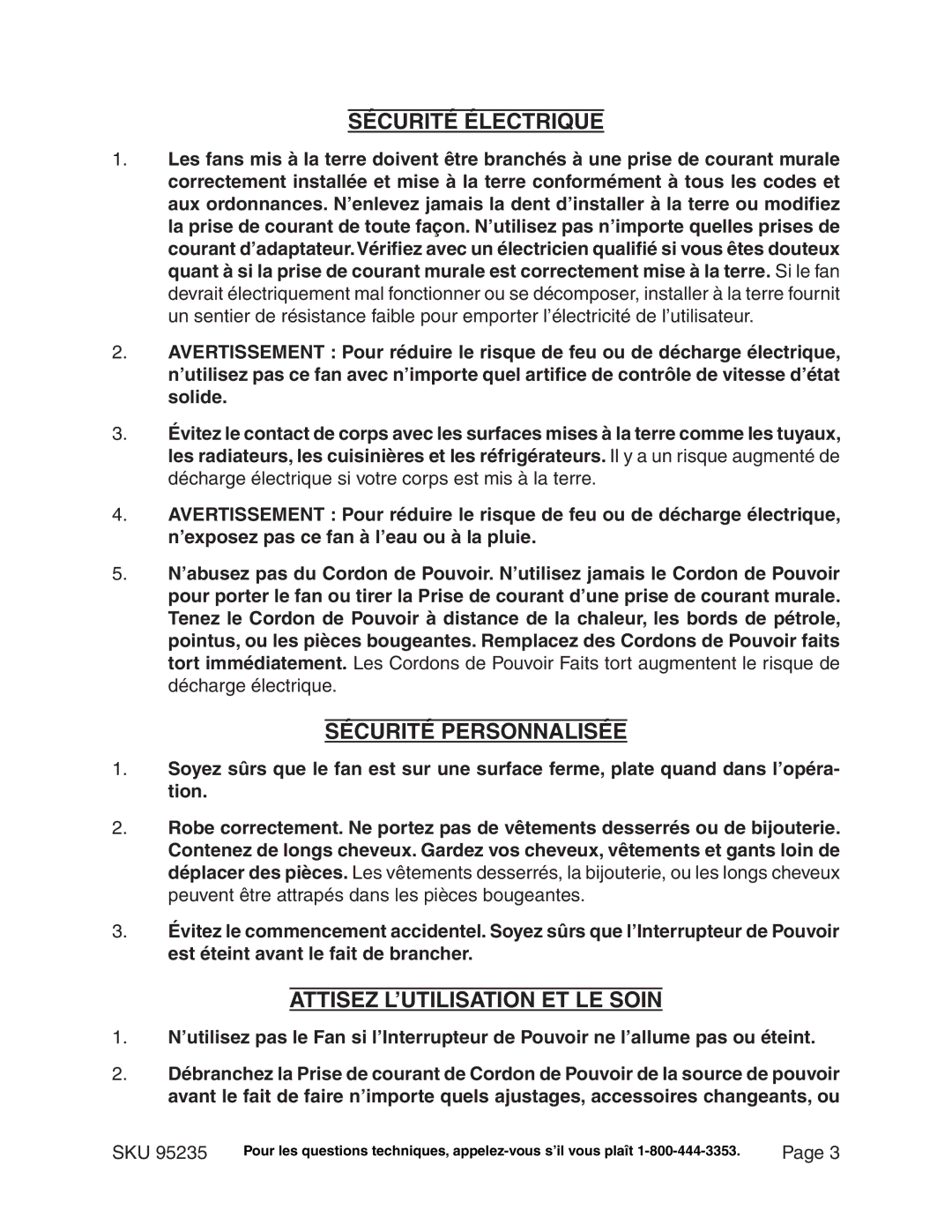 Chicago Electric 95235 manual Sécurité Électrique, Sécurité Personnalisée, Attisez L’UTILISATION ET LE Soin 