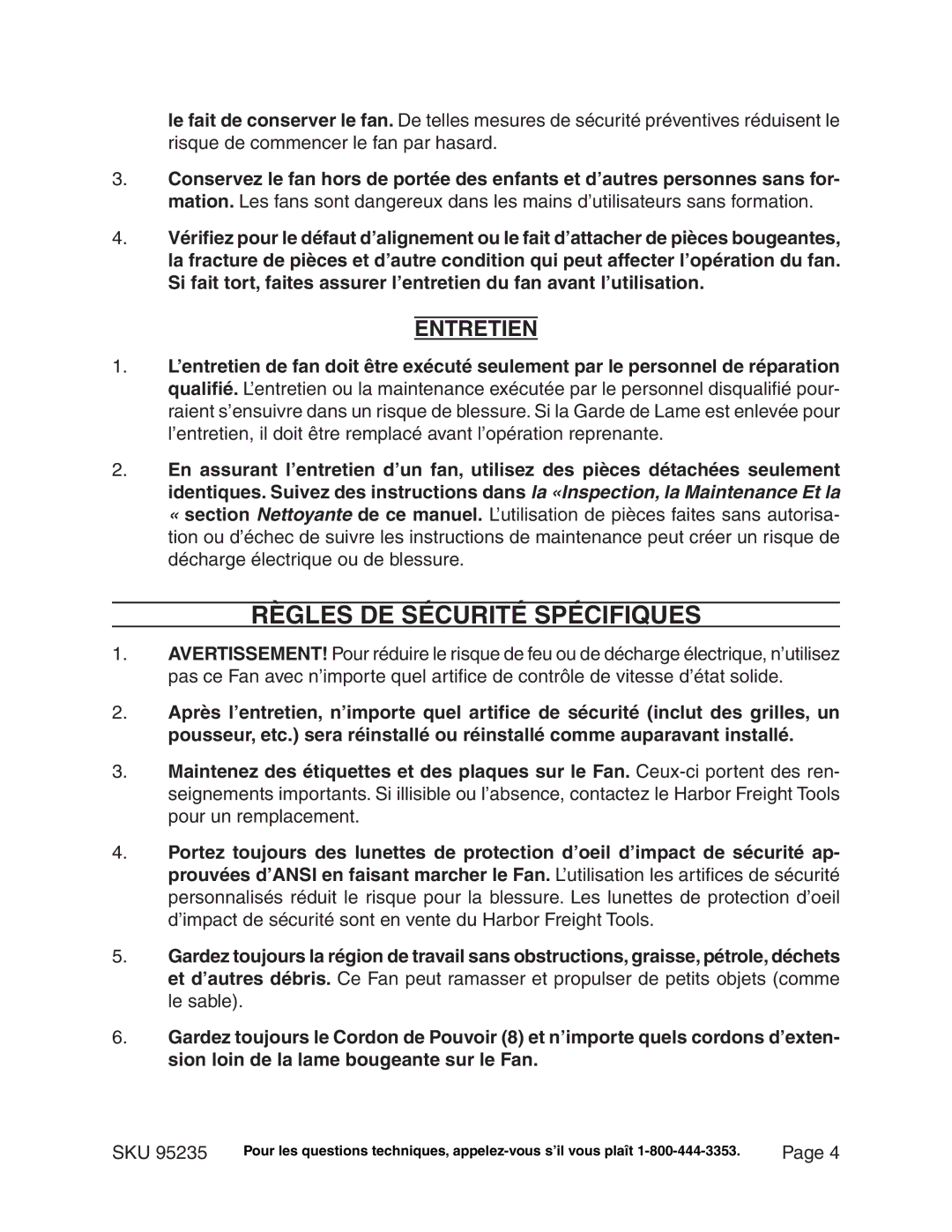 Chicago Electric 95235 manual Règles DE Sécurité Spécifiques, Entretien 