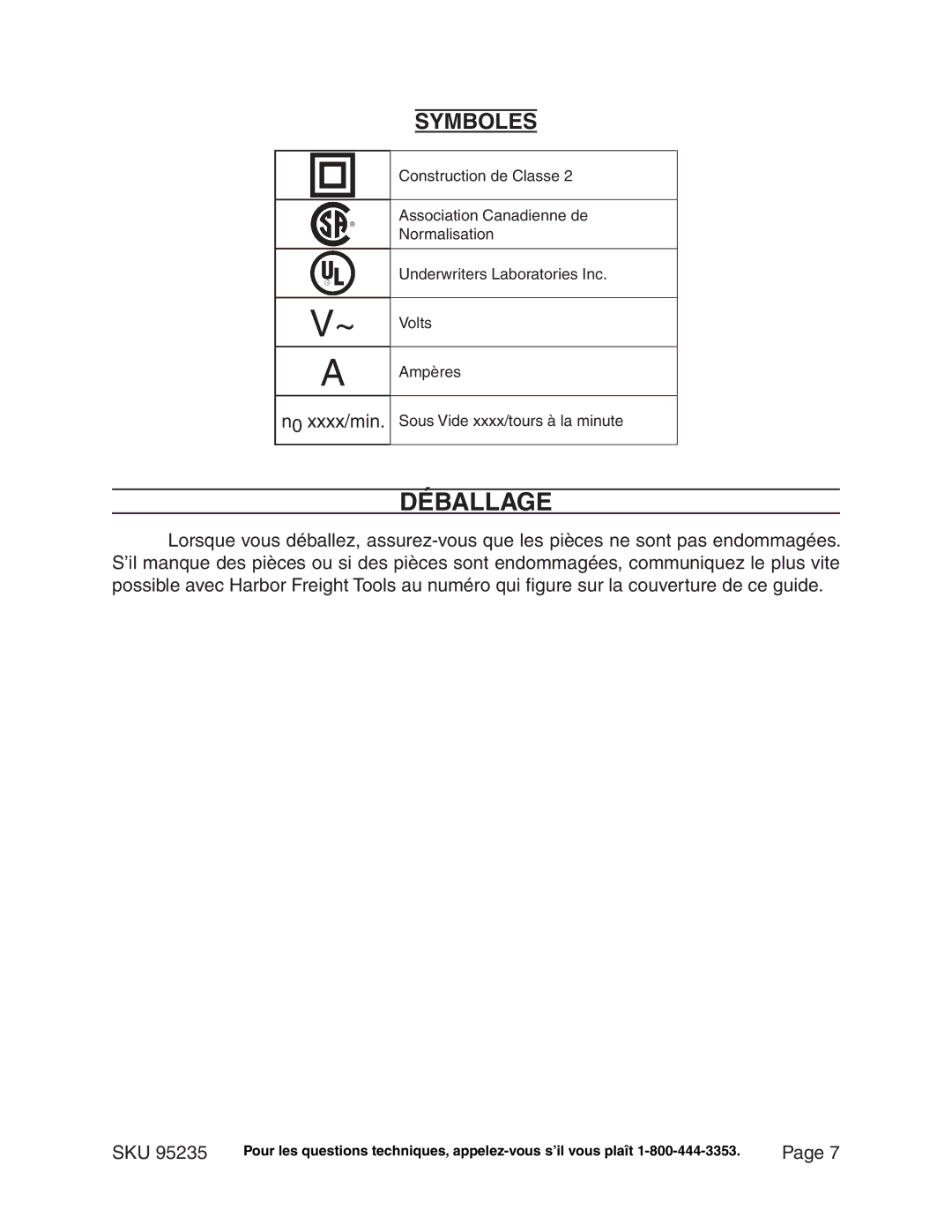 Chicago Electric 95235 manual Déballage, Symboles 