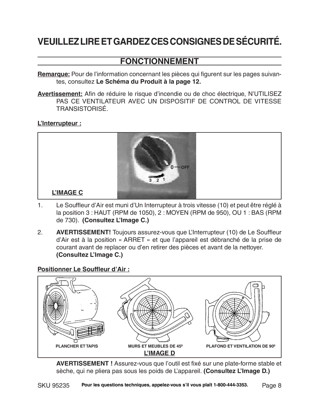 Chicago Electric 95235 manual Fonctionnement, ’Interrupteur, Consultez L’Image C Positionner Le Souffleur d’Air 