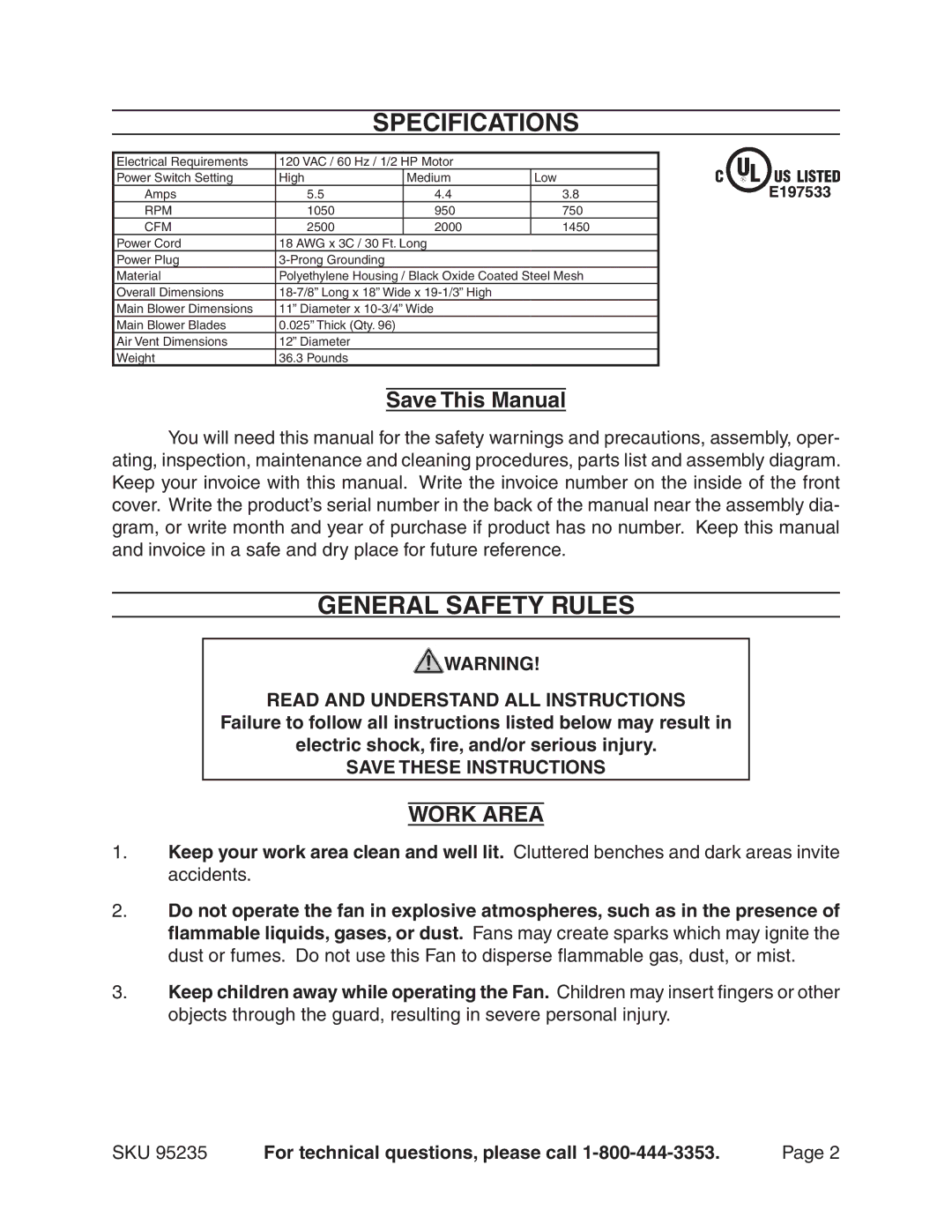 Chicago Electric 95235 manual Specifications, General Safety Rules, Work Area, SKU For technical questions, please call 