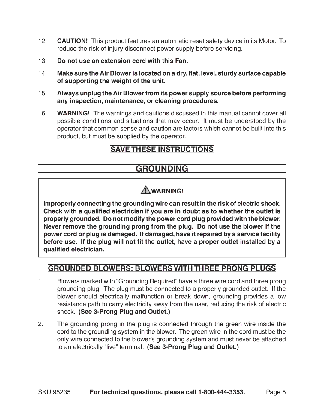 Chicago Electric 95235 manual Grounding, Grounded Blowers Blowers With Three Prong Plugs 