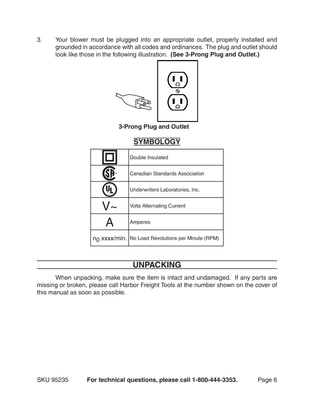 Chicago Electric 95235 manual Unpacking, Prong Plug and Outlet 