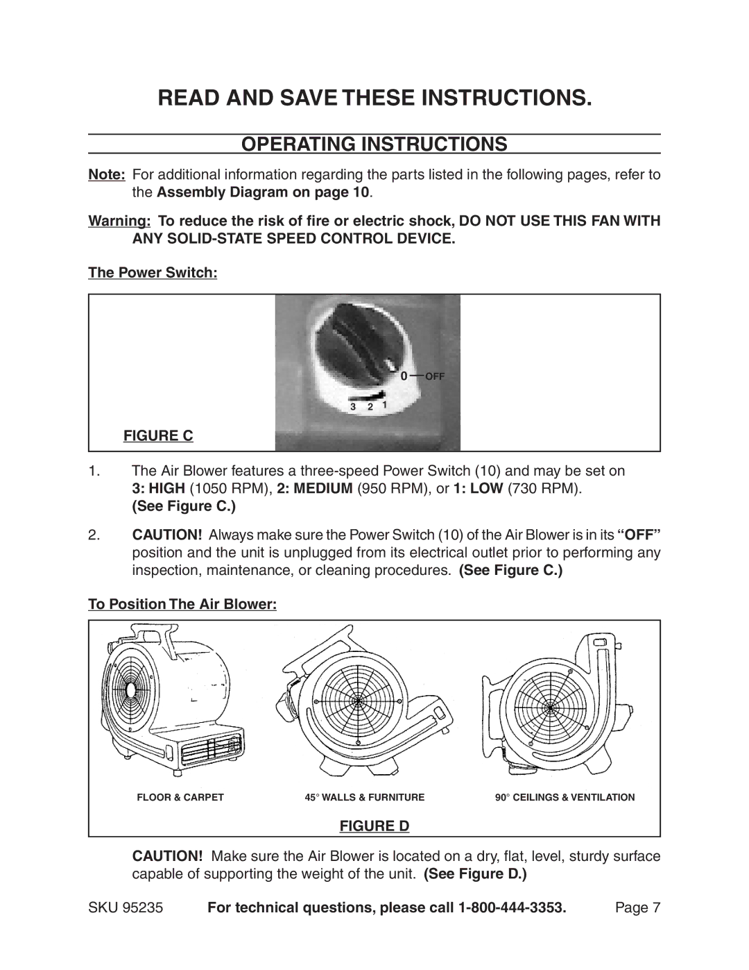 Chicago Electric 95235 manual Operating Instructions, Power Switch, See Figure C To Position The Air Blower 