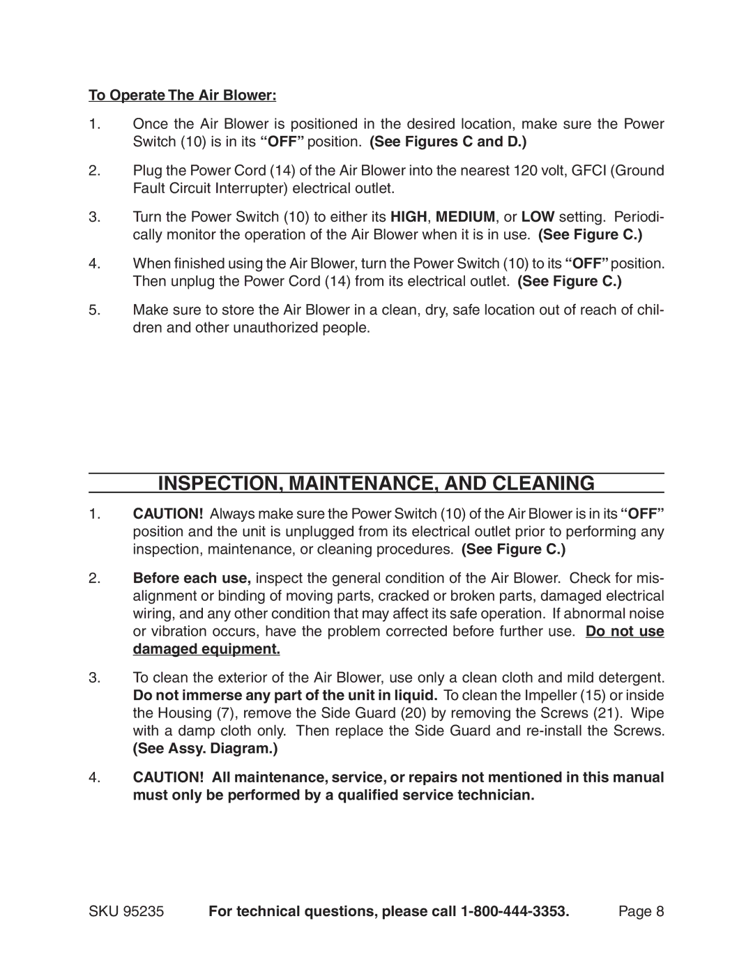 Chicago Electric 95235 manual INSPECTION, MAINTENANCE, and Cleaning, To Operate The Air Blower 