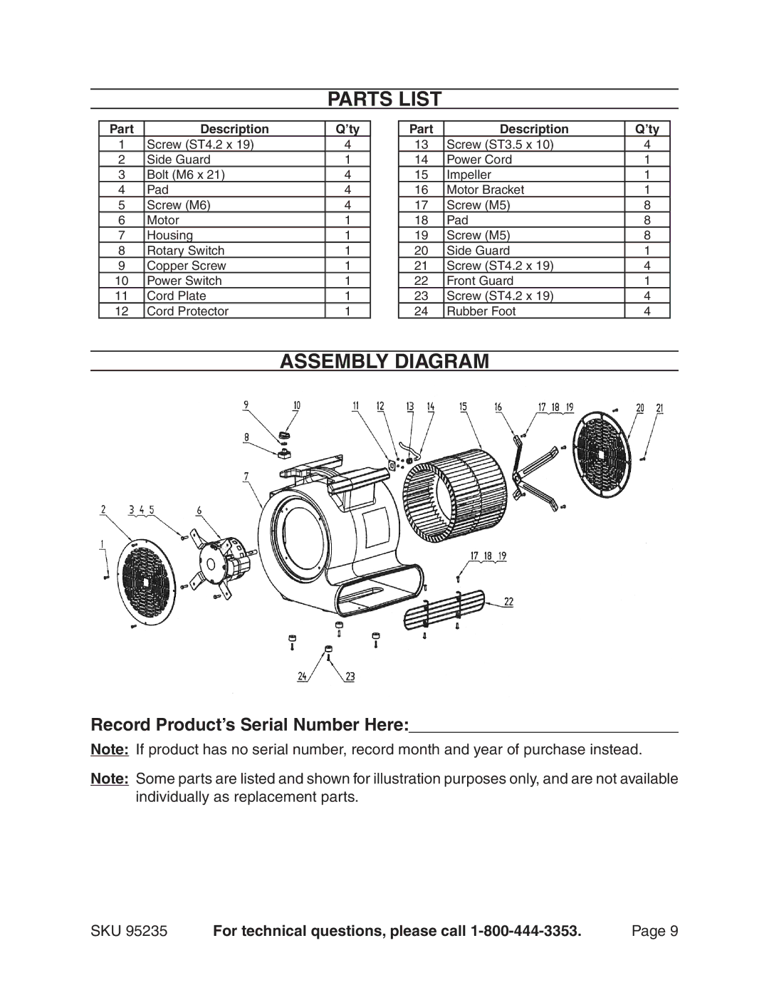 Chicago Electric 95235 manual Parts List, Part Description ’ty 