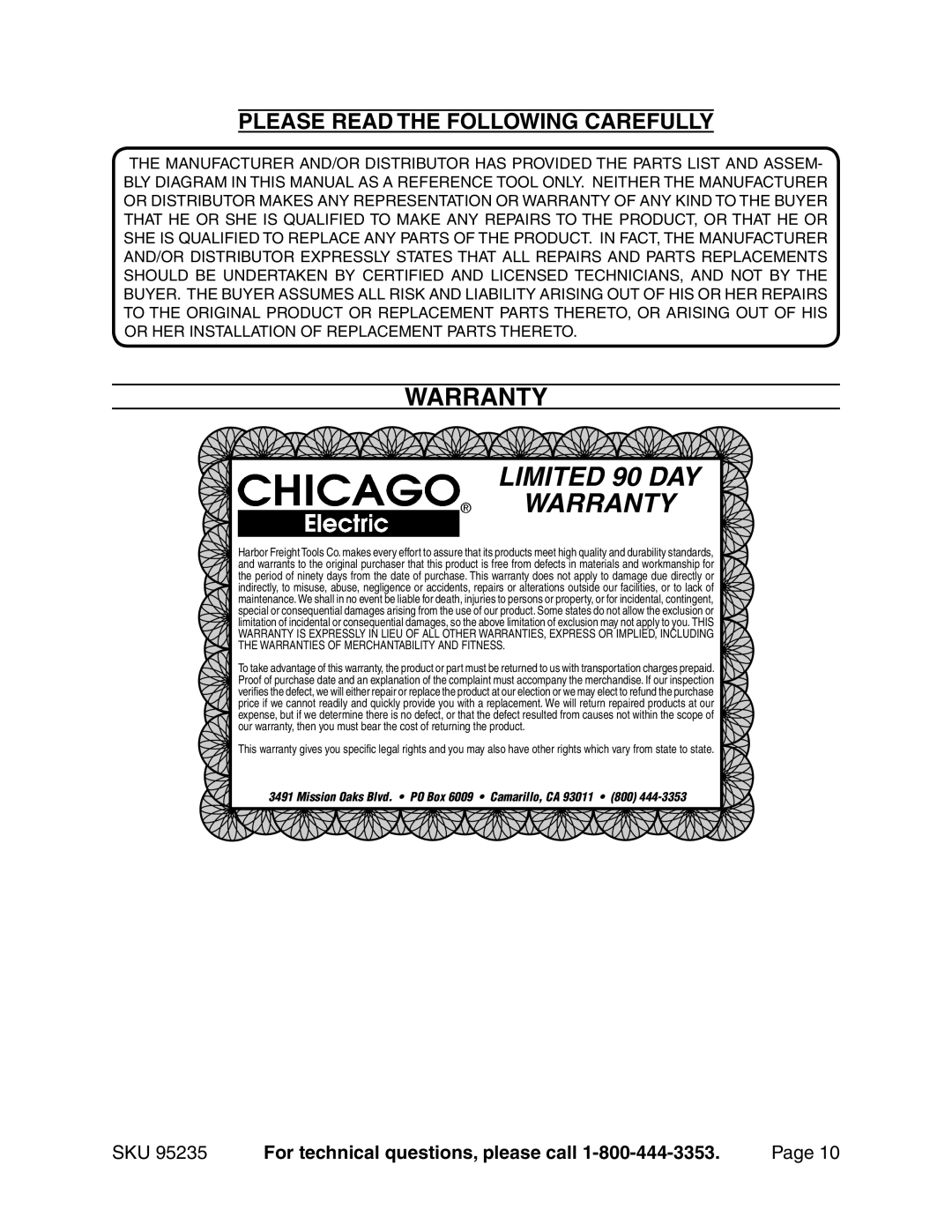 Chicago Electric 95235 manual Warranty, Please Read The Following Carefully, Limited 90 Day warranty, Page 