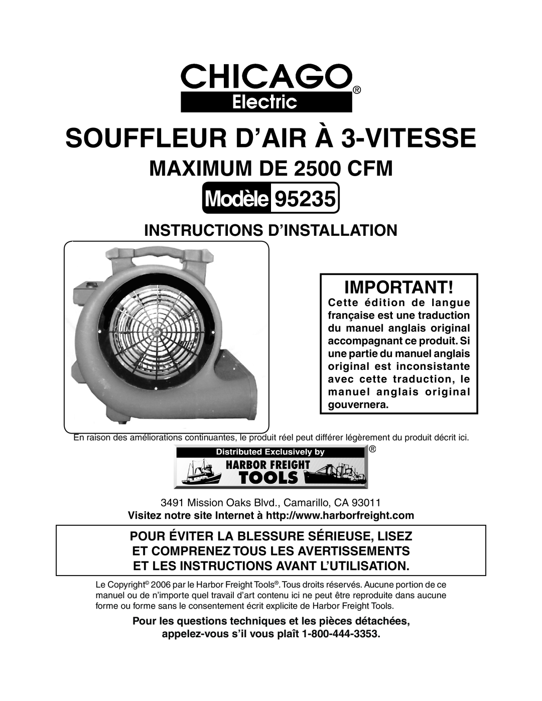 Chicago Electric 95235 manual Modèle, MAXIMUM DE 2500 CFM, Instructions D’Installation, SOUFFLEUR D’AIR À 3-VITESSE 