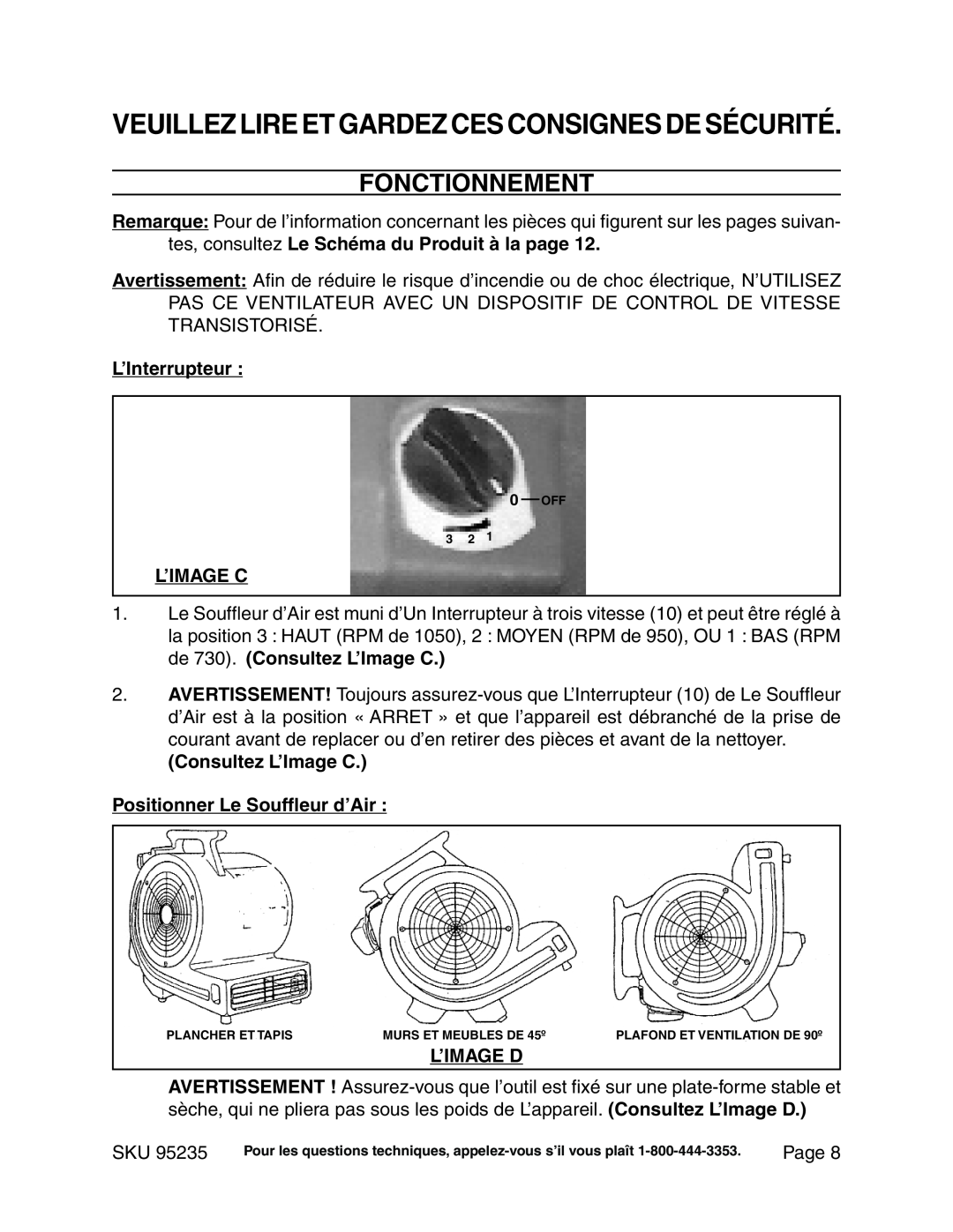 Chicago Electric 95235 manual Veuillez Lire Et Gardez Ces Consignes De Sécurité, Fonctionnement 