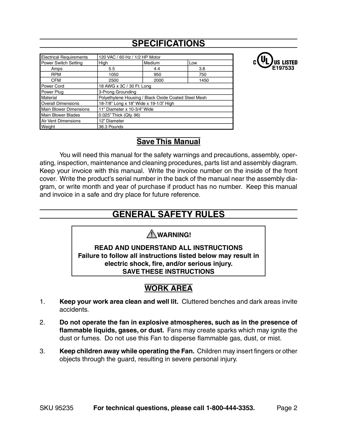 Chicago Electric 95235 manual Specifications, General Safety Rules, Save This Manual, Work Area 