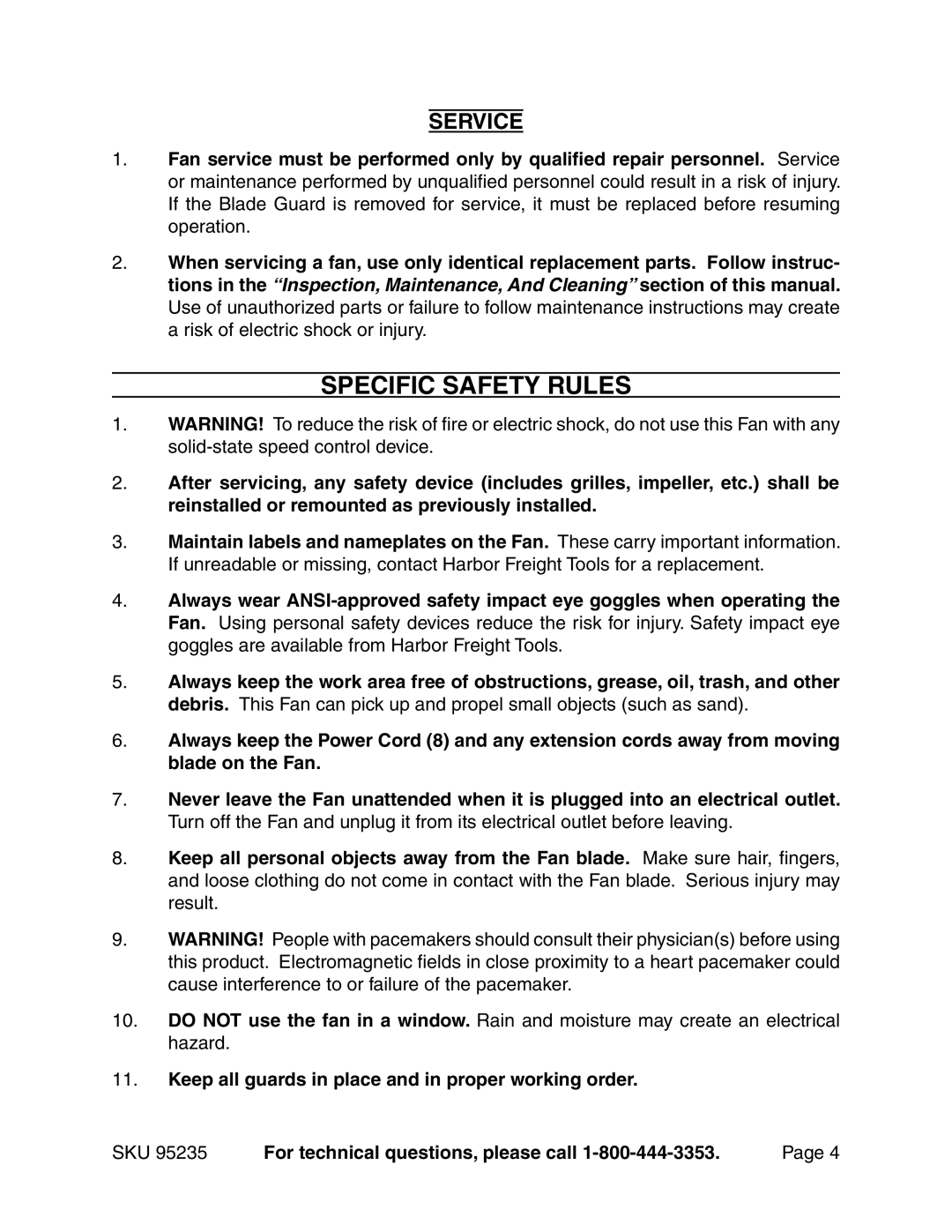 Chicago Electric 95235 manual Specific Safety Rules, Service 