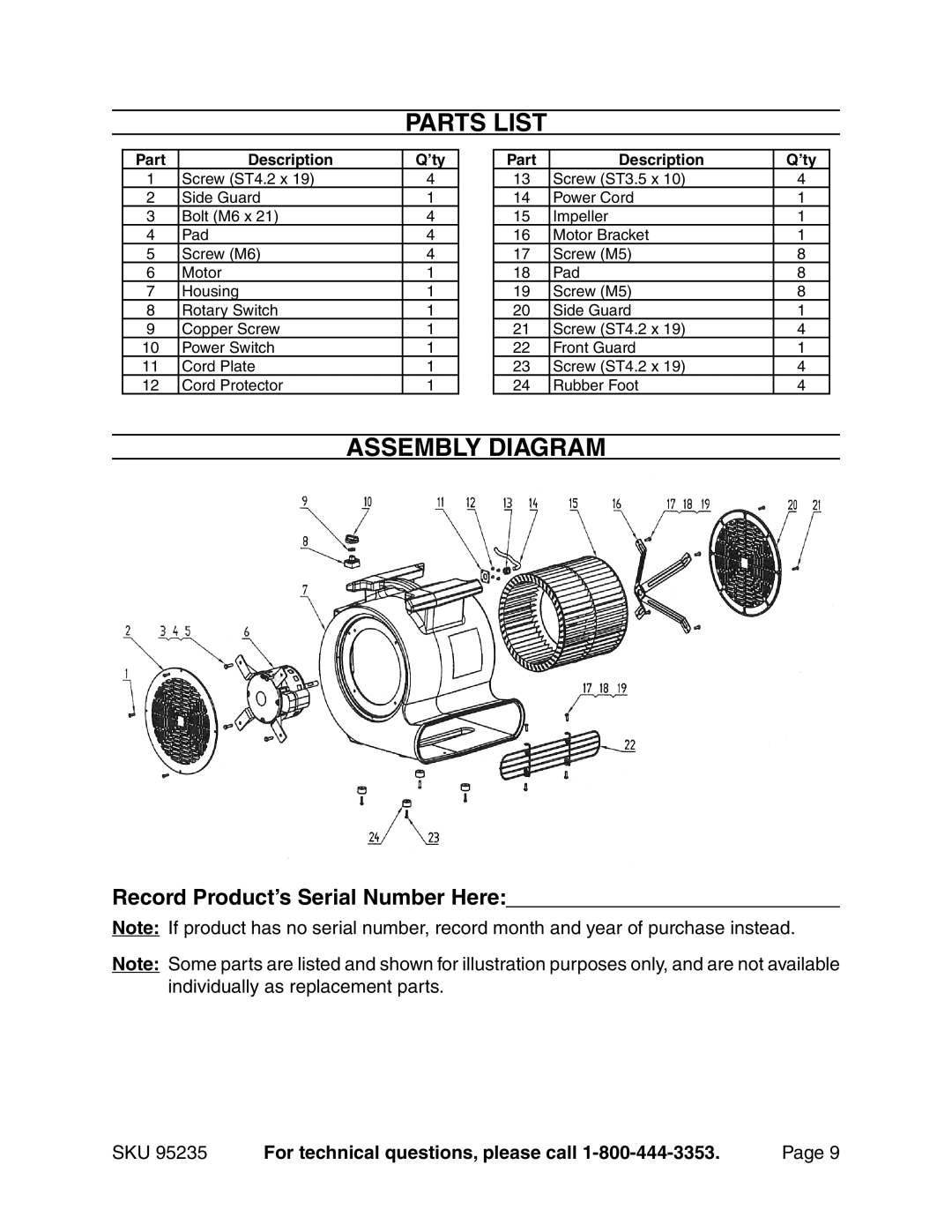 Chicago Electric 95235 manual Parts List, Assembly Diagram, Record Product’s Serial Number Here 