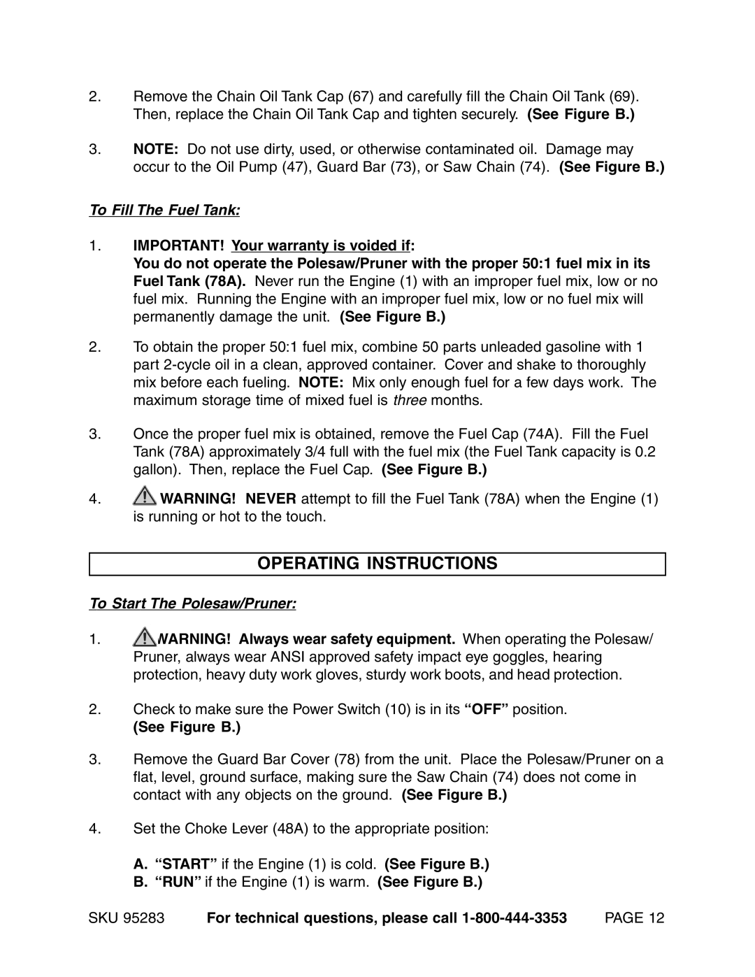 Chicago Electric 95283 warranty Operating Instructions, To Fill The Fuel Tank 