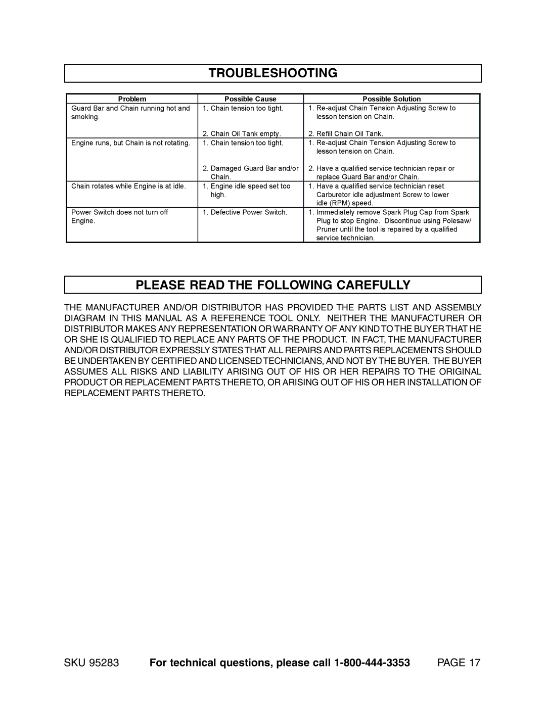 Chicago Electric 95283 warranty Troubleshooting, Please Read the Following Carefully 