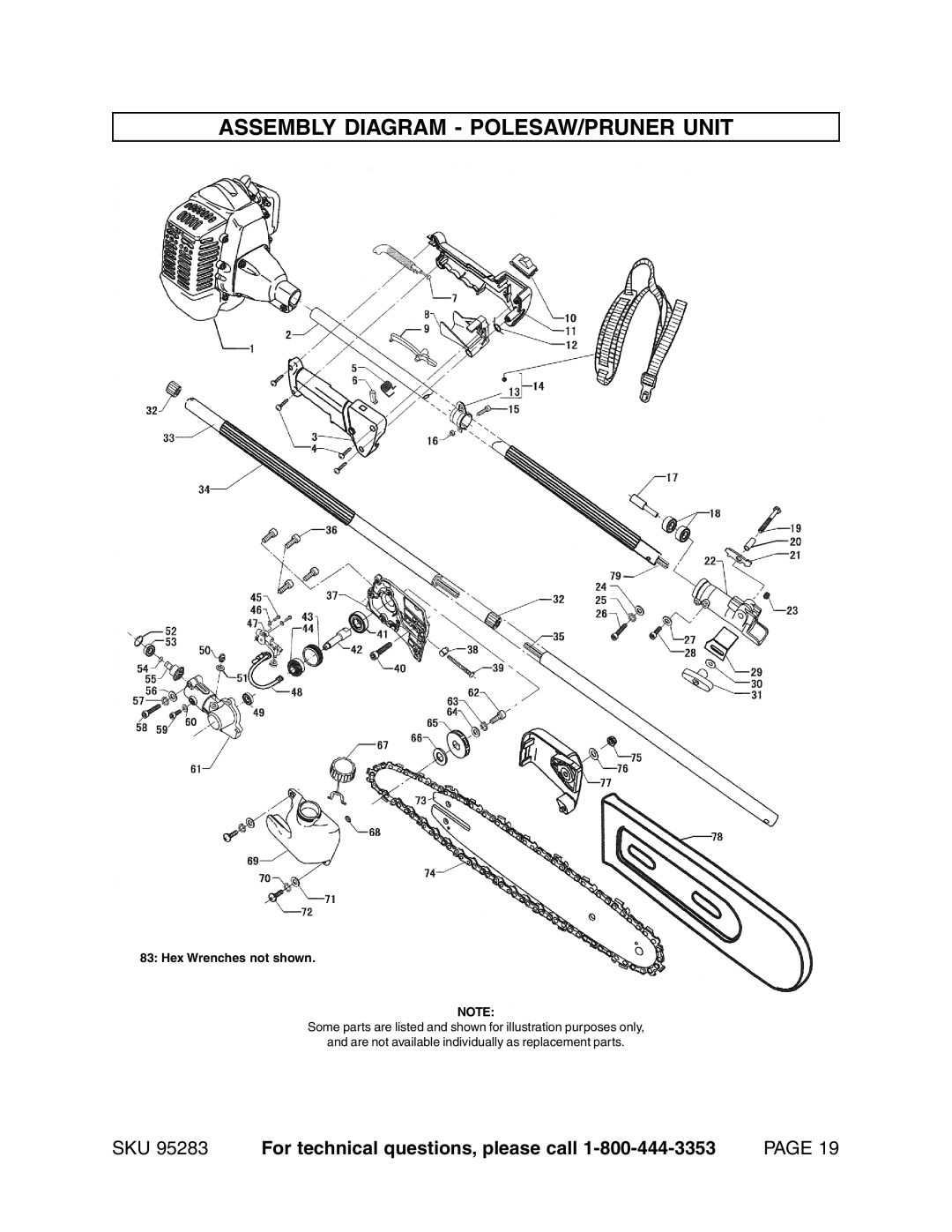 Chicago Electric 95283 warranty Assembly Diagram POLESAW/PRUNER Unit, Hex Wrenches not shown 