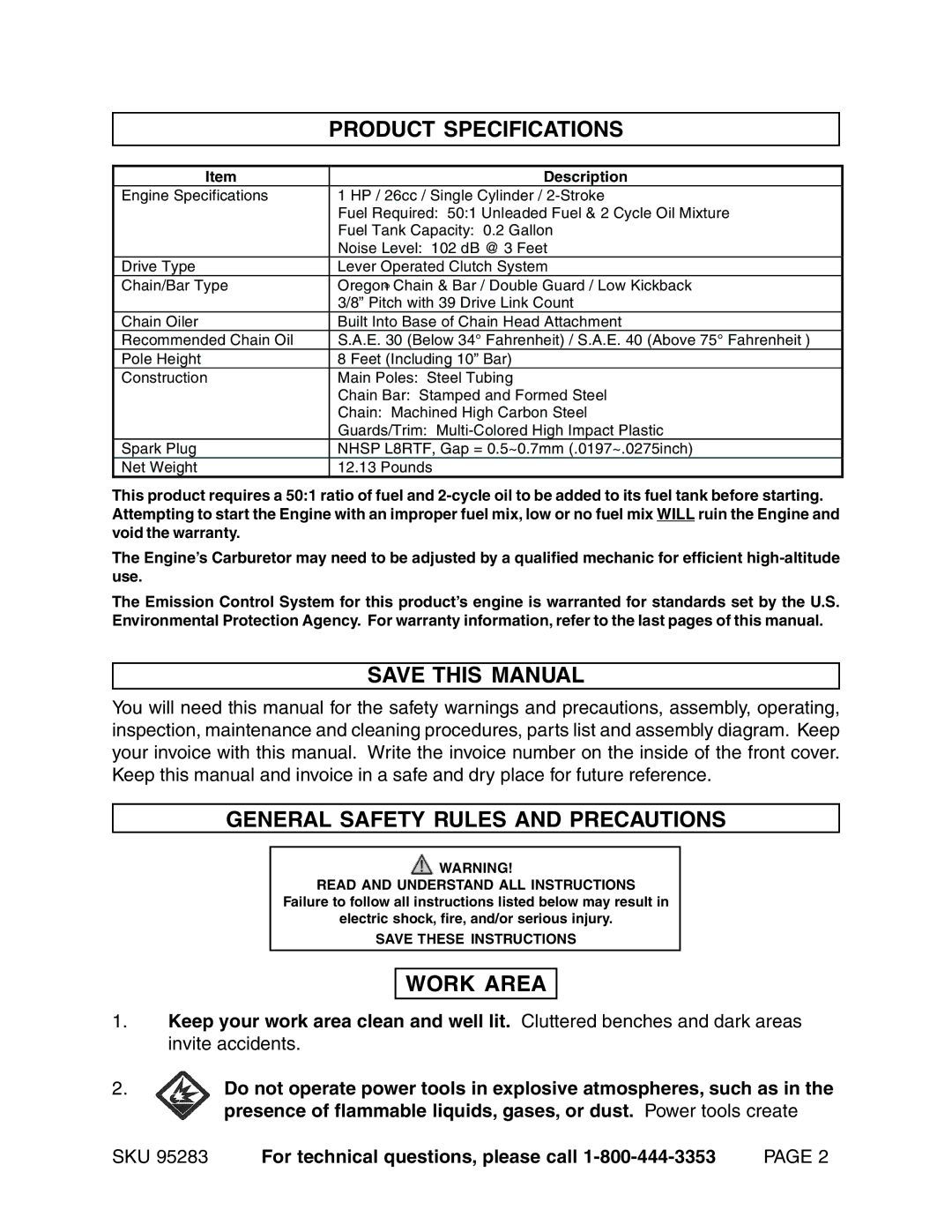 Chicago Electric 95283 warranty Product Specifications, Save this Manual, General Safety Rules and Precautions, Work Area 