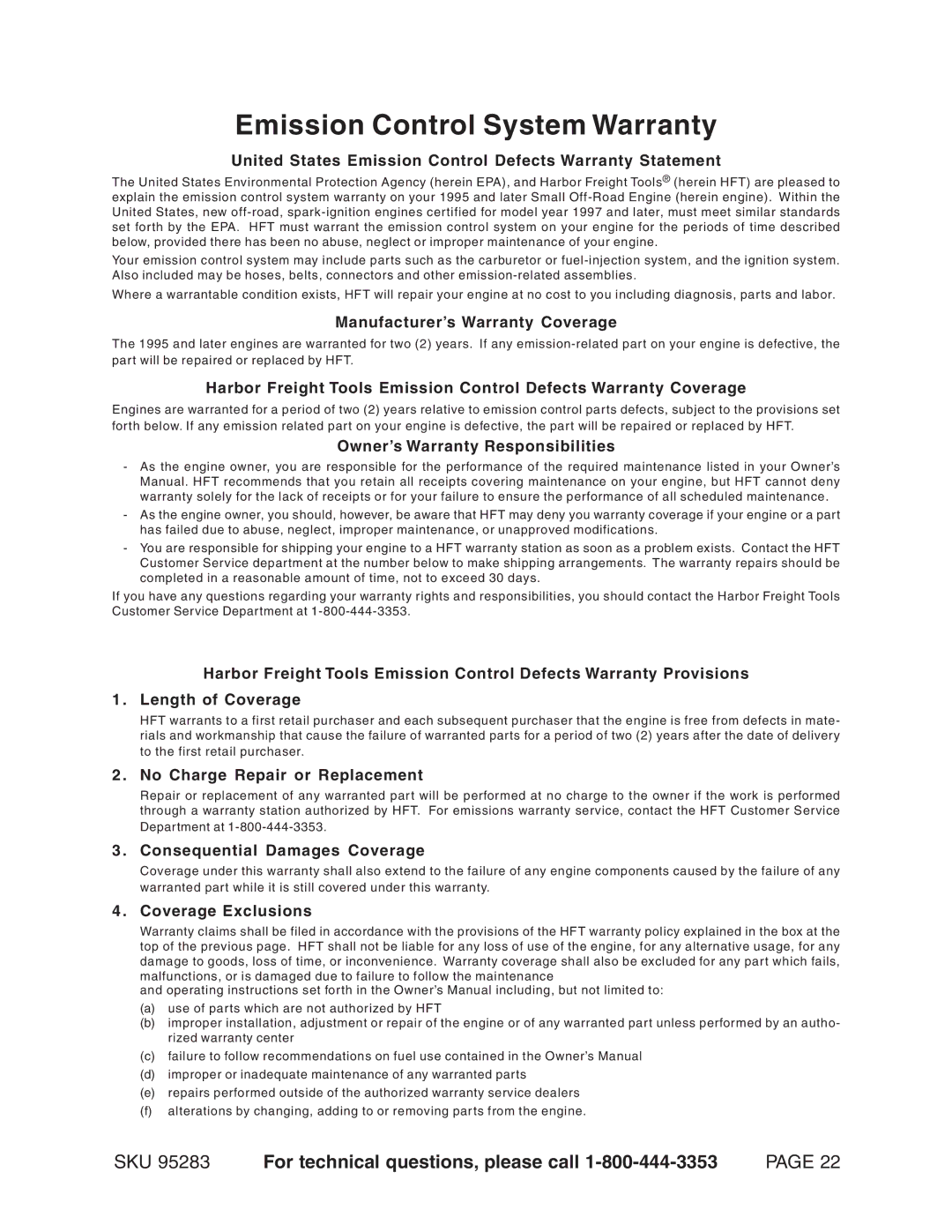 Chicago Electric 95283 warranty Emission Control System Warranty 