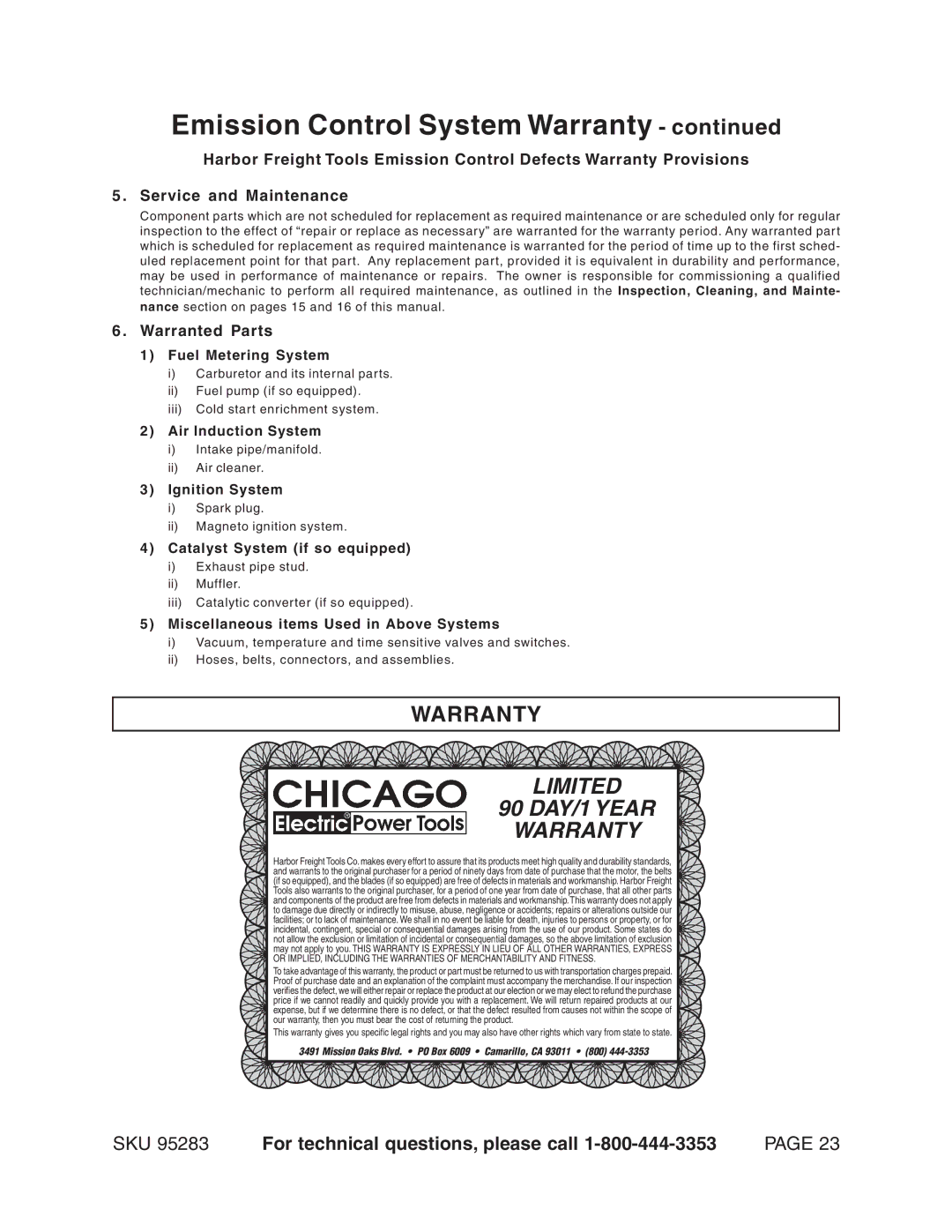 Chicago Electric 95283 warranty Warranty, Warranted Parts 