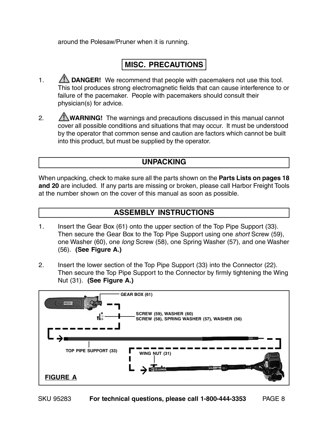 Chicago Electric 95283 warranty MISC. Precautions Unpacking, Assembly Instructions 