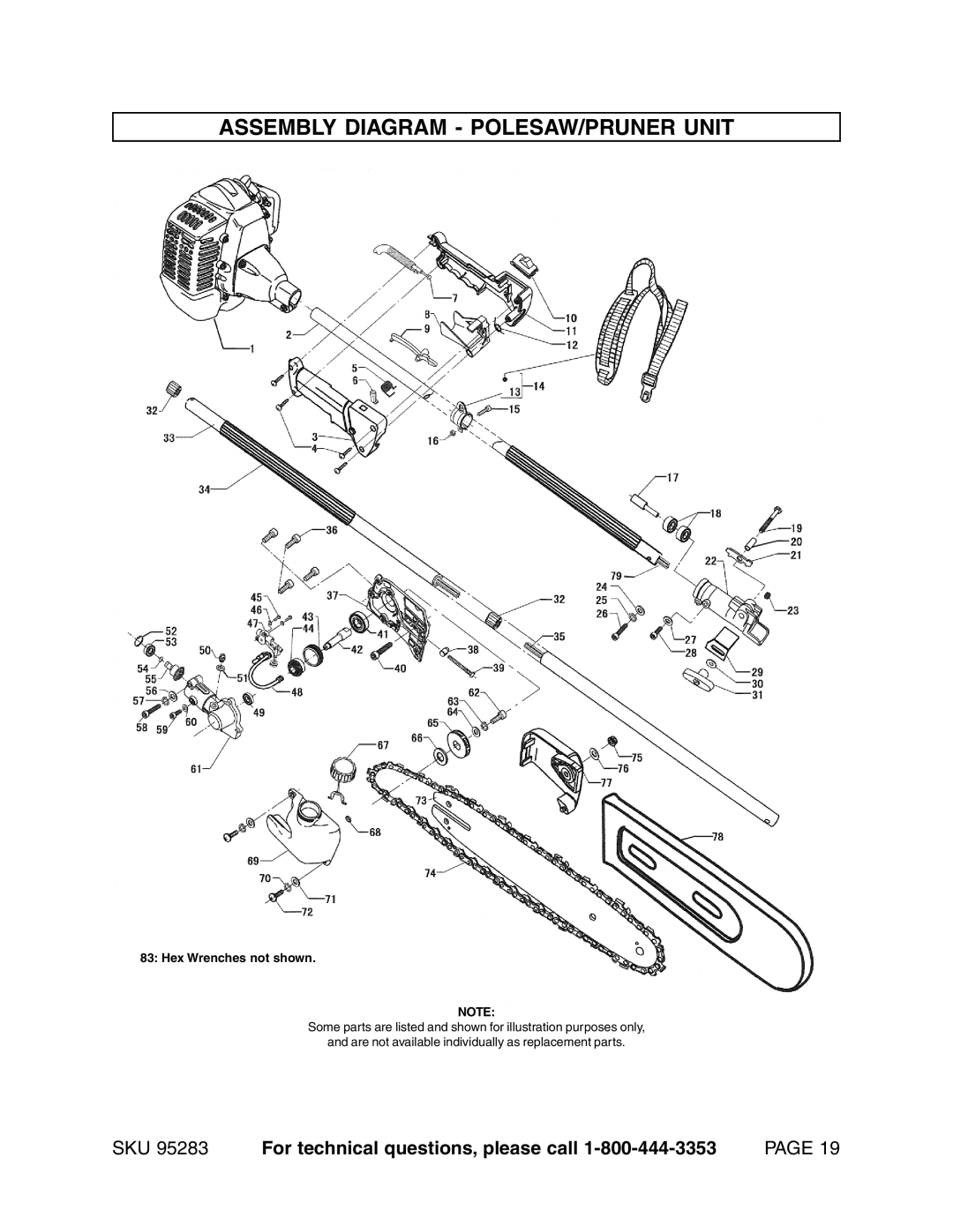 Chicago Electric 95283 warranty Assembly Diagram - Polesaw/Pruner Unit, For technical questions, please call, Page 