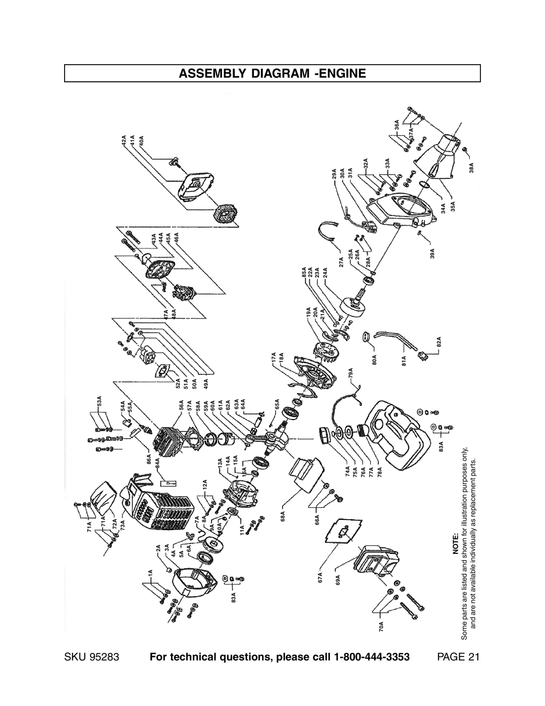 Chicago Electric 95283 Assembly Diagram -Engine, For technical questions, please call, Page, illustration purposes only 