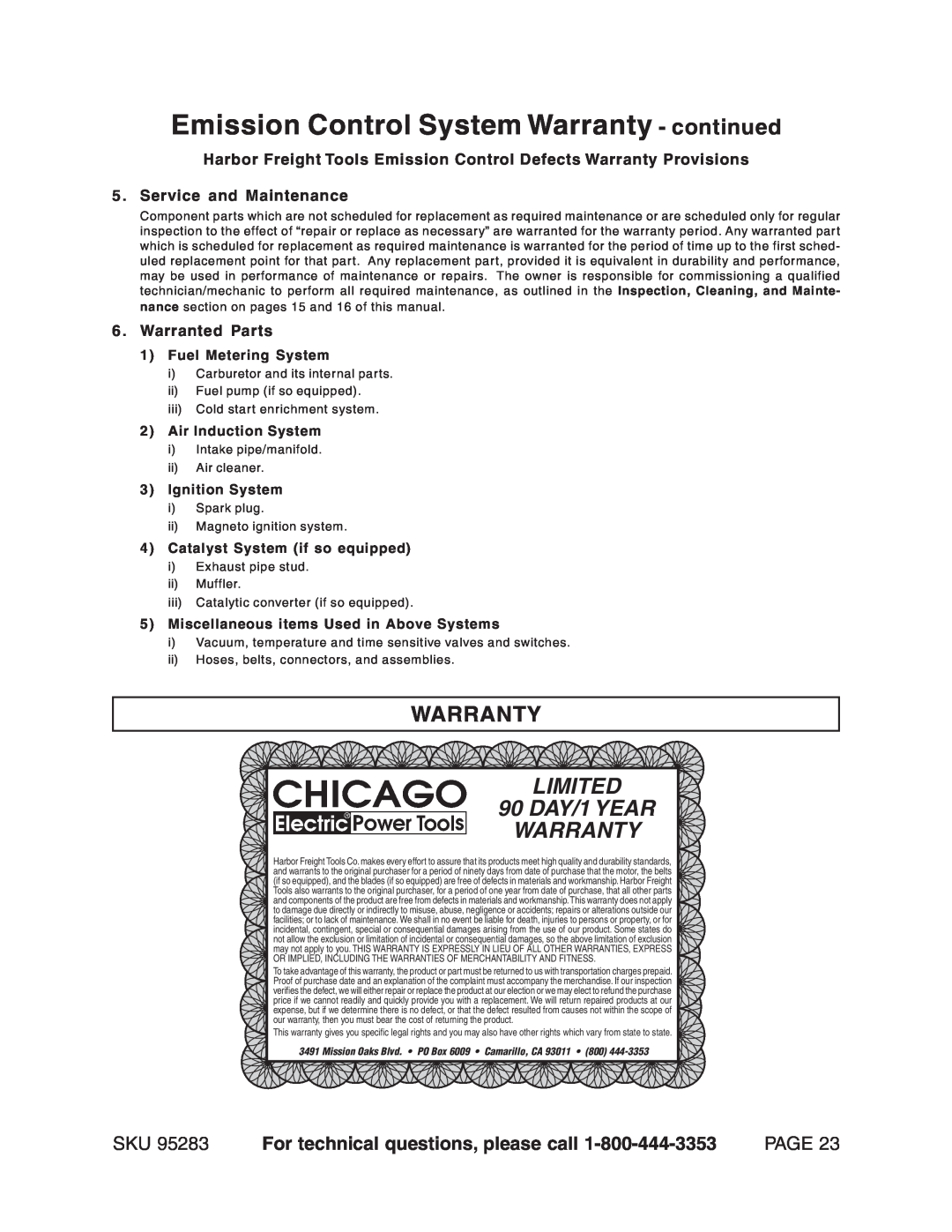 Chicago Electric 95283 Emission Control System Warranty - continued, LIMITED 90 DAY/1 YEAR WARRANTY, Page, Warranted Parts 