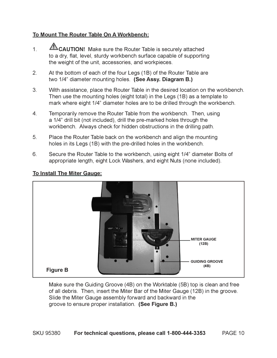 Chicago Electric 95380 operating instructions To Mount The Router Table On a Workbench, To Install The Miter Gauge 