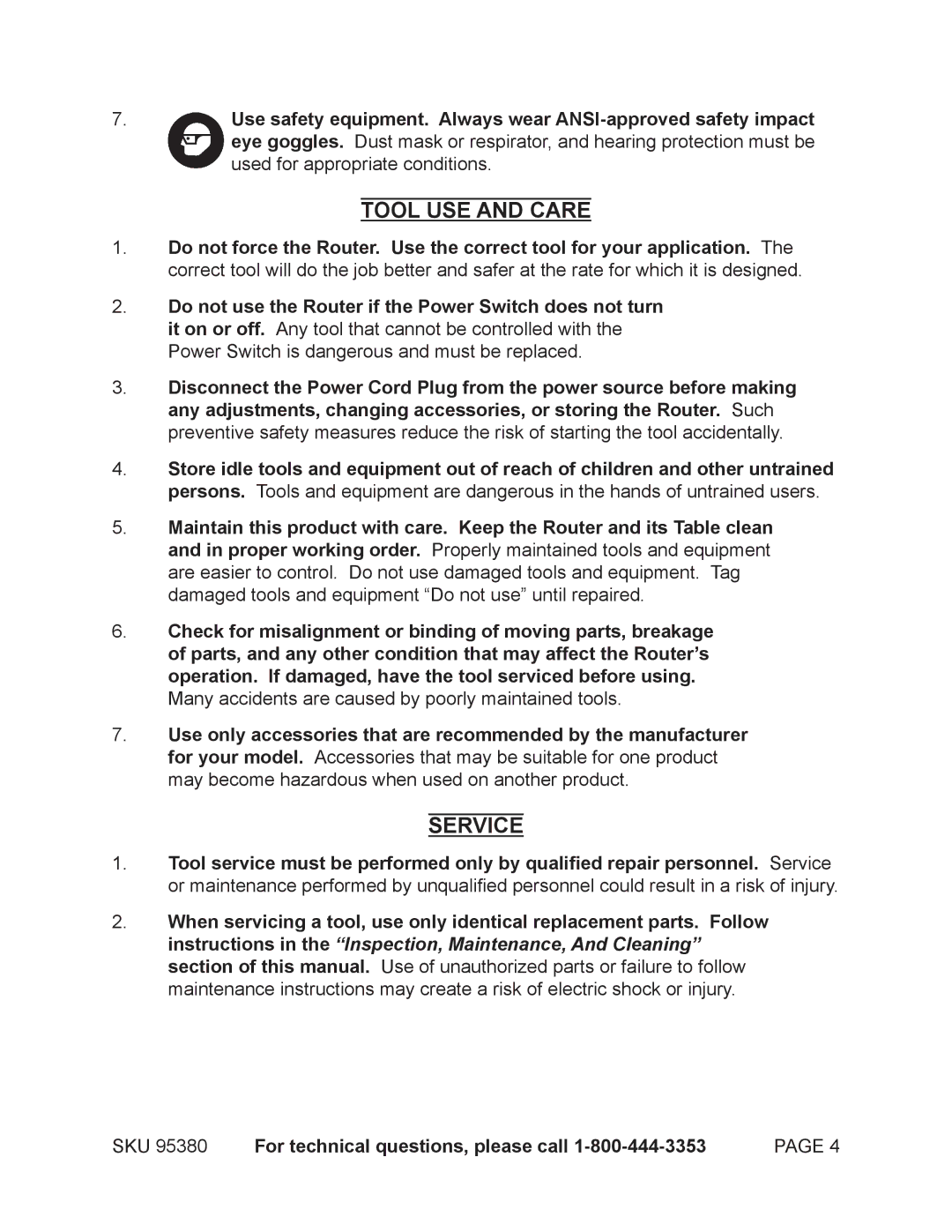 Chicago Electric 95380 operating instructions Tool USE and Care, Service 