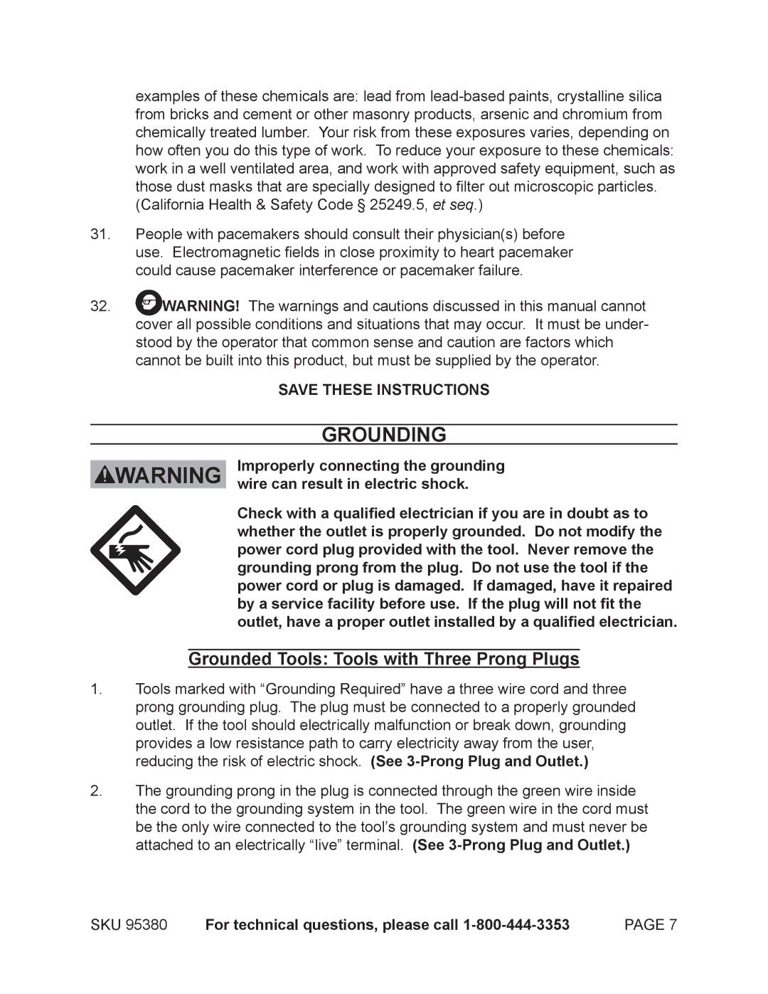 Chicago Electric 95380 Grounding, Improperly connecting the grounding, Wire can result in electric shock 