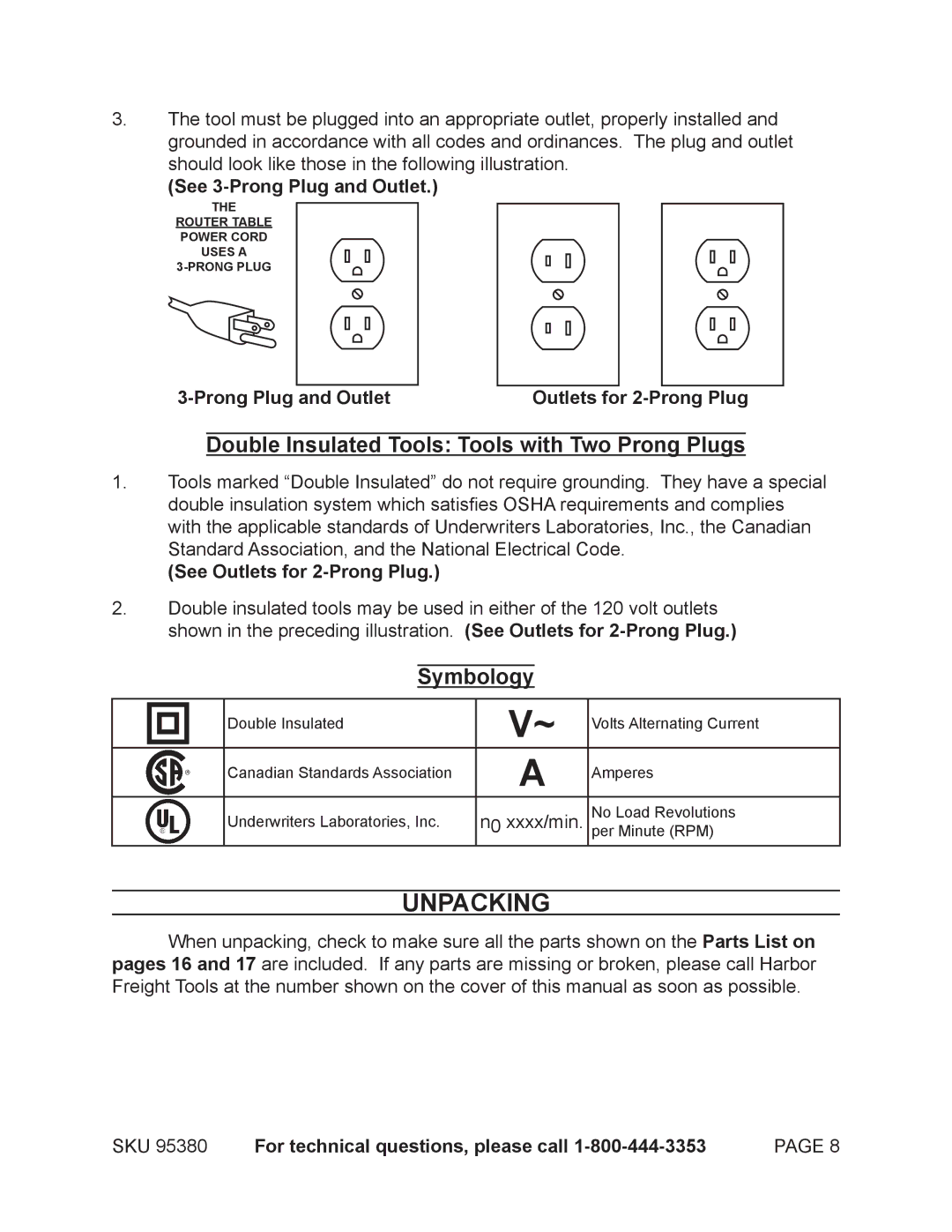 Chicago Electric 95380 Unpacking, See 3-Prong Plug and Outlet, Prong Plug and Outlet Outlets for 2-Prong Plug 