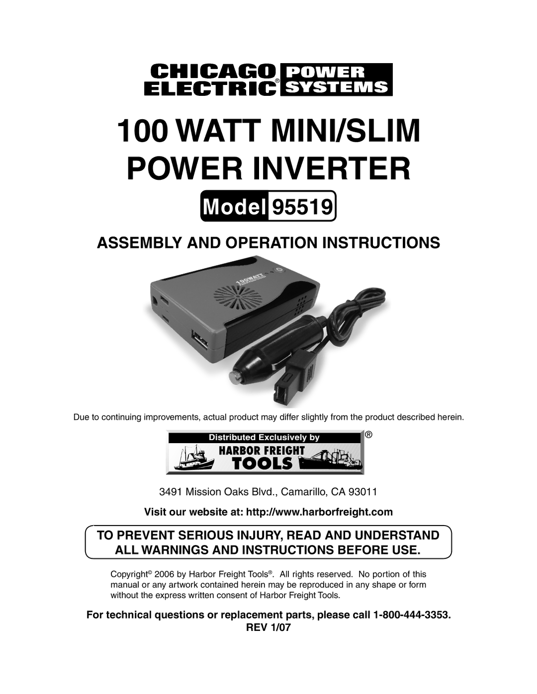 Chicago Electric 95519 manual Watt MINI/SLIM Power Inverter 