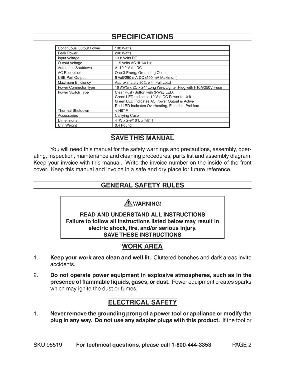 Chicago Electric 95519 manual Specifications, General Safety Rules, Work Area, Electrical Safety 