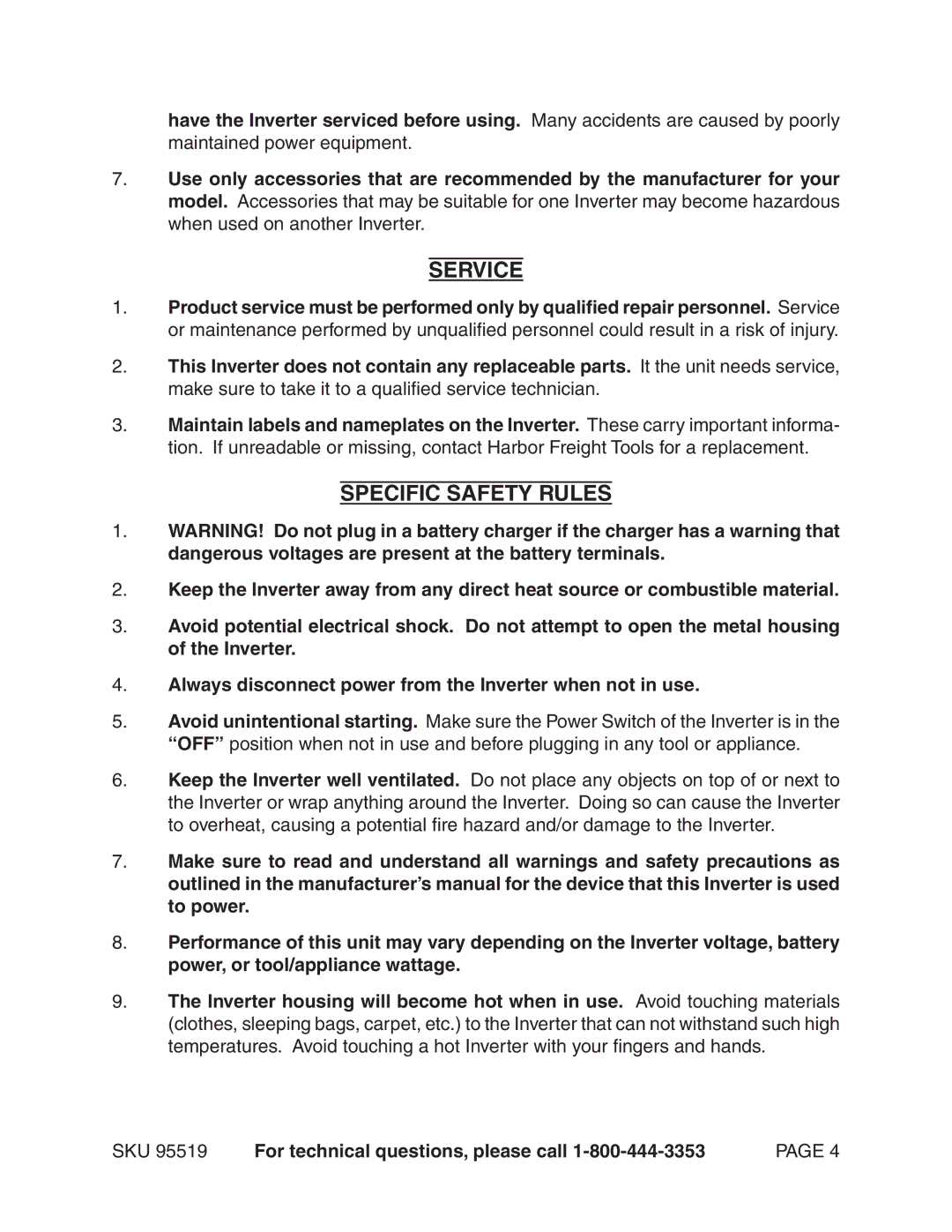 Chicago Electric 95519 manual Service, Specific Safety Rules 