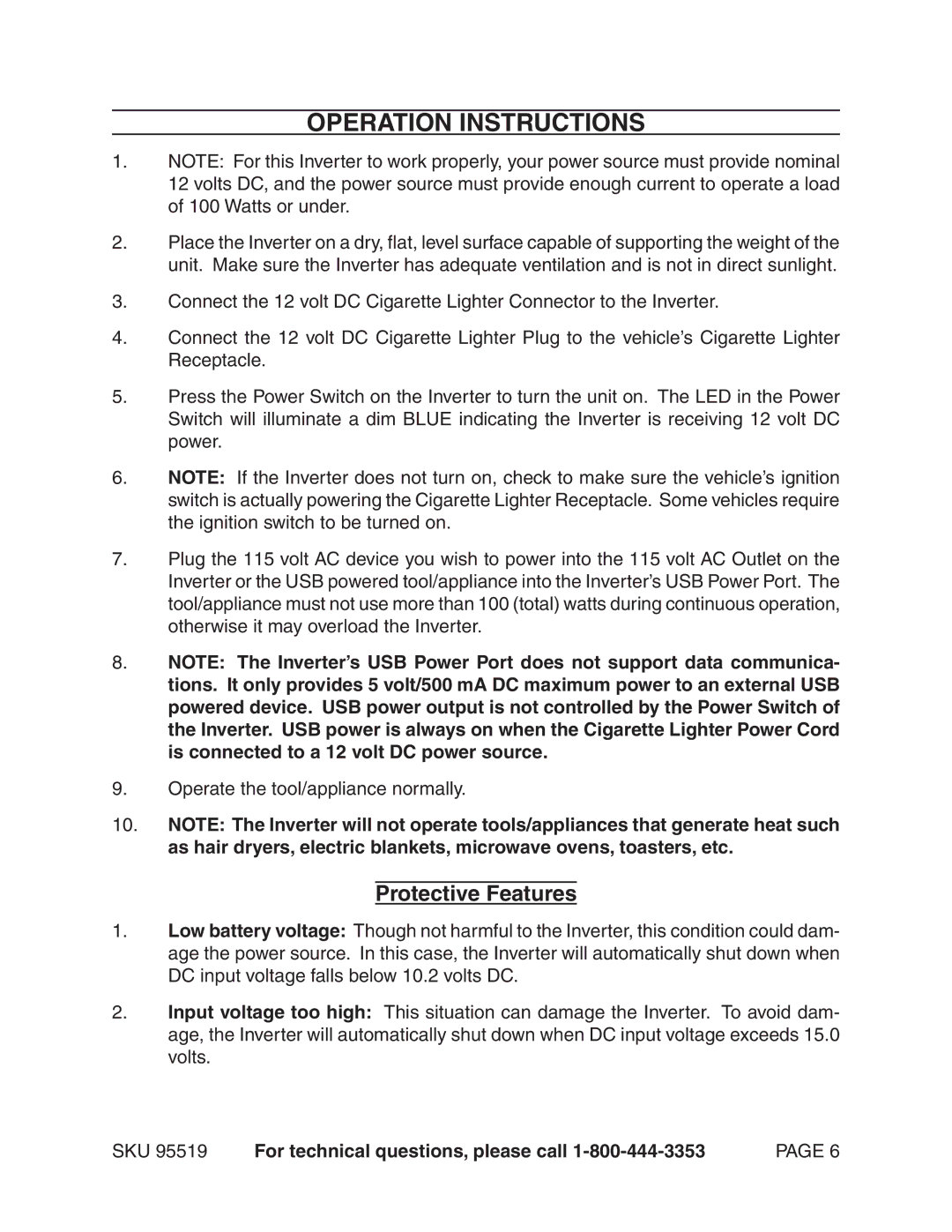 Chicago Electric 95519 manual Operation Instructions, Protective Features 