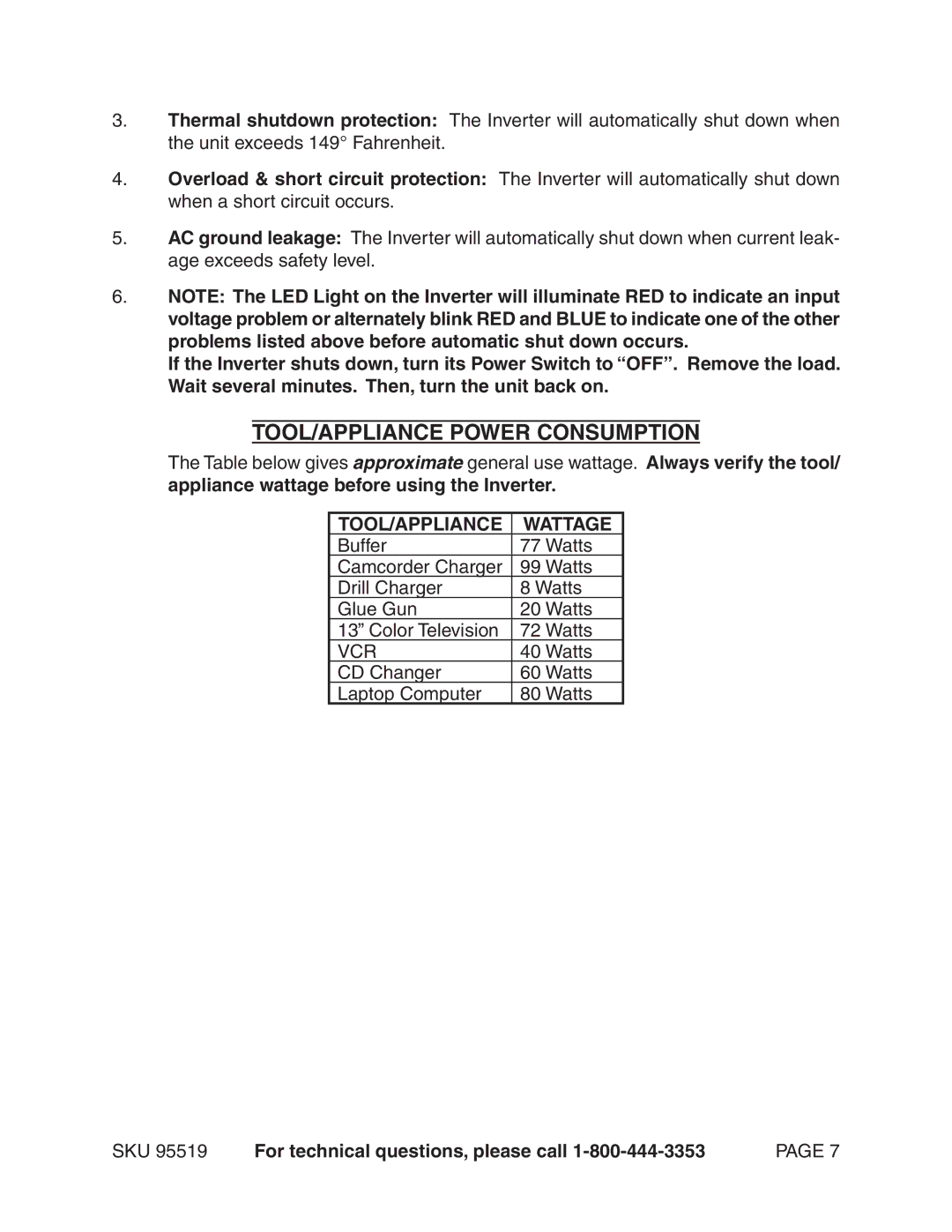 Chicago Electric 95519 manual TOOL/APPLIANCE Power Consumption, TOOL/APPLIANCE Wattage 