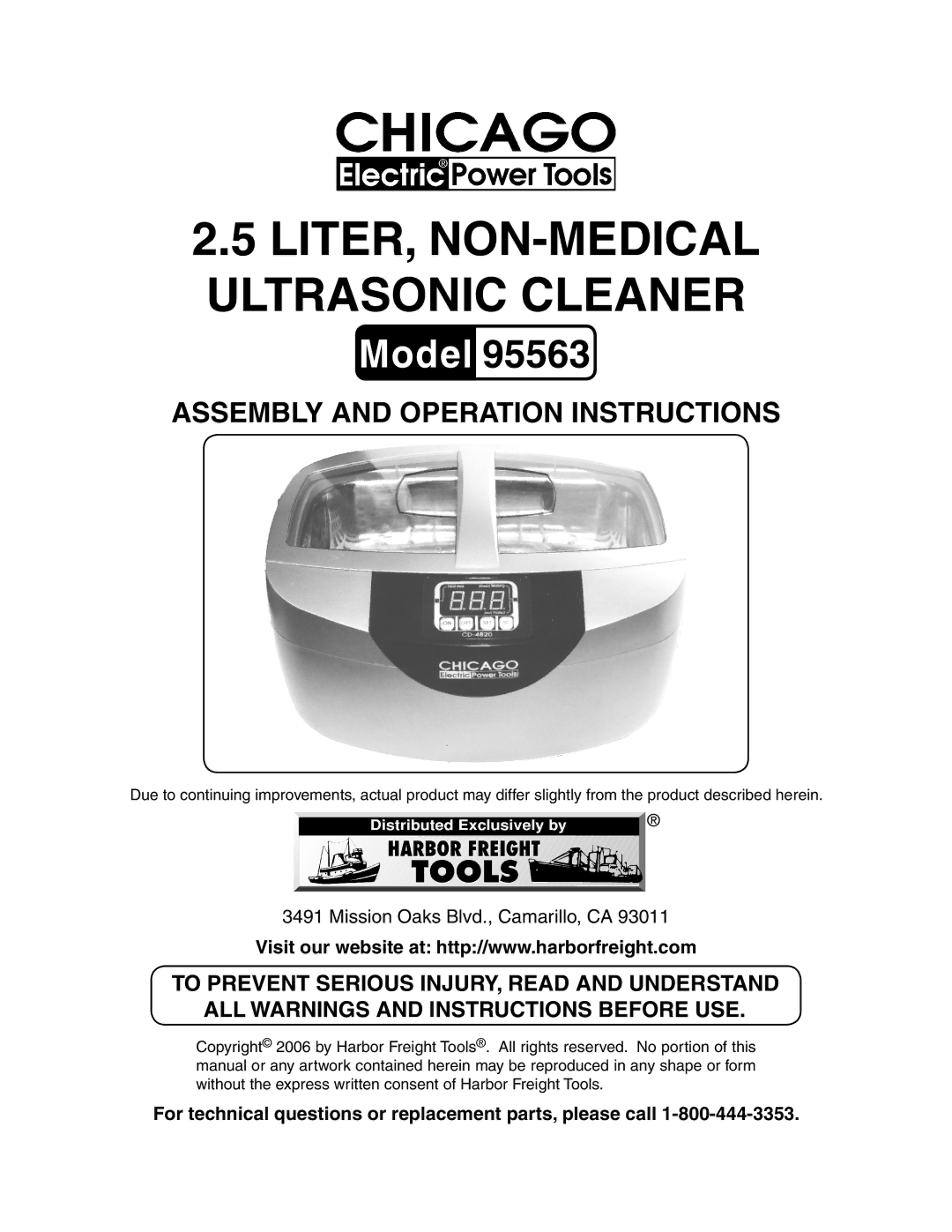 Chicago Electric 95563 manual Liter, non-medical ultrasonic cleaner 