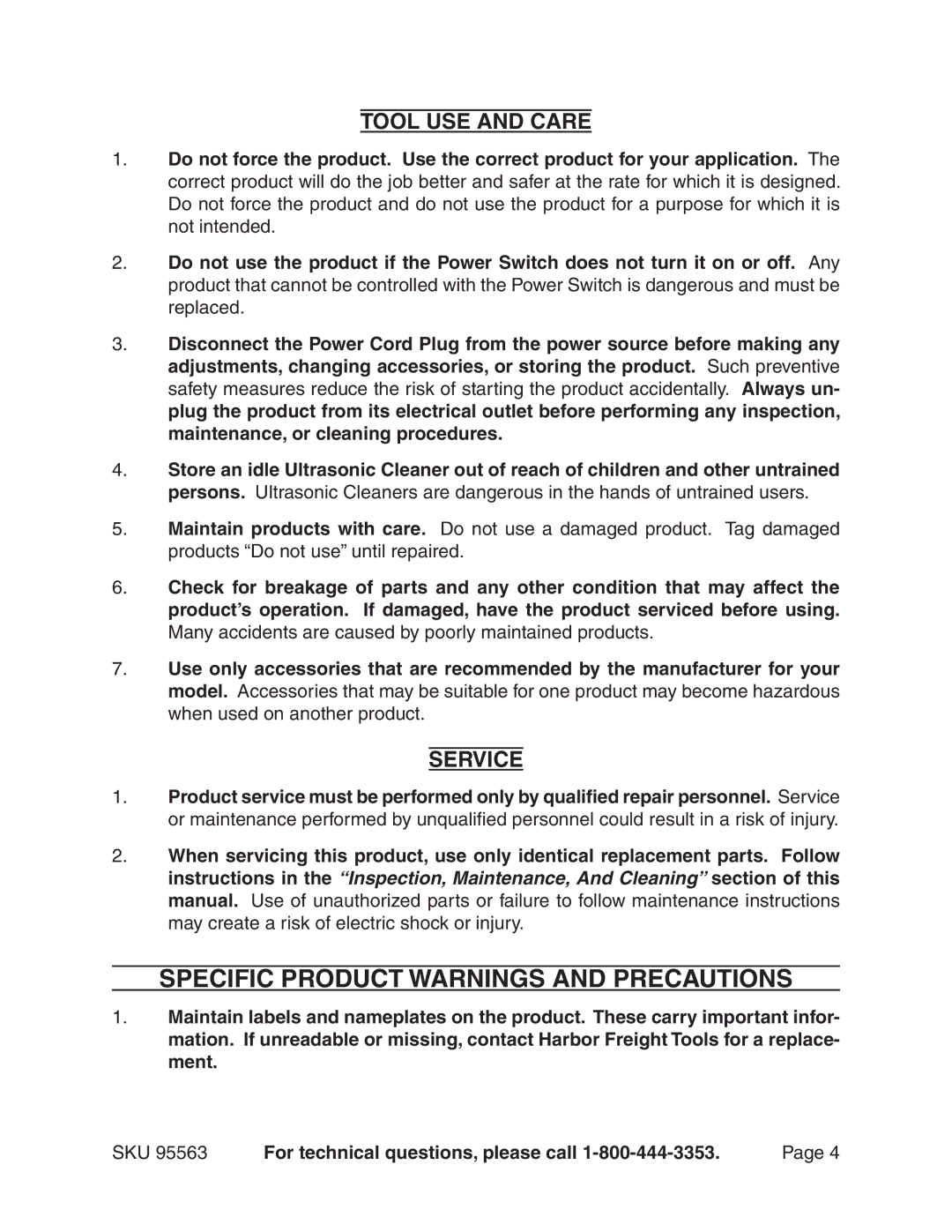 Chicago Electric 95563 manual Specific product warnings and precautions, Tool Use And Care, Service 