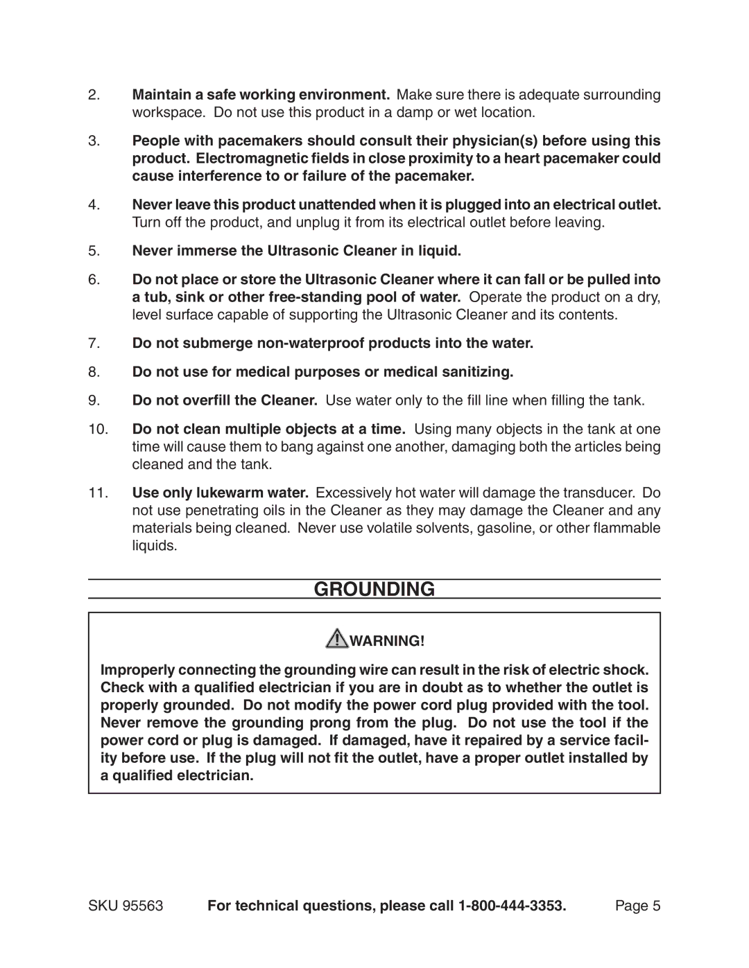 Chicago Electric 95563 manual Grounding, Never immerse the Ultrasonic Cleaner in liquid 