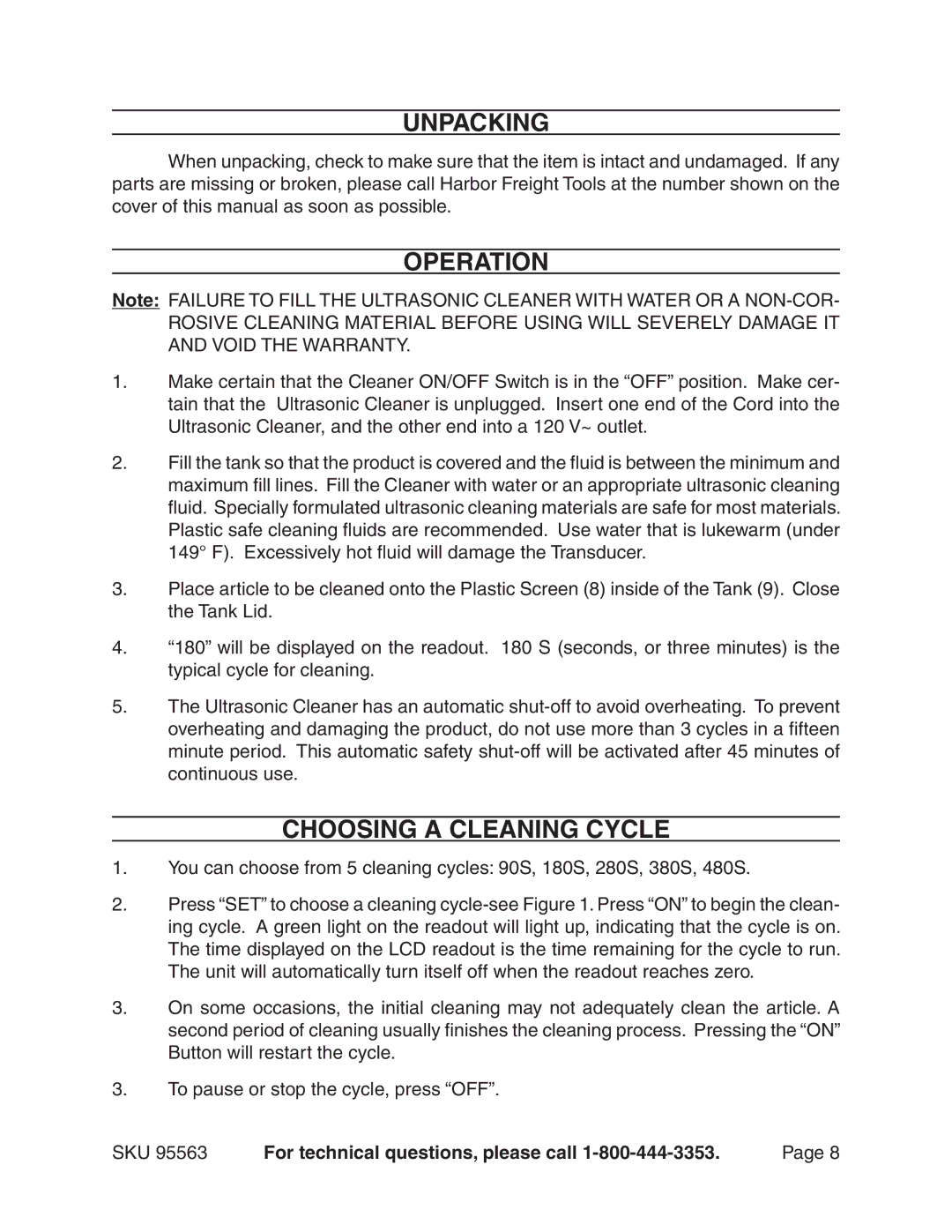 Chicago Electric 95563 manual Unpacking, Operation, Choosing a cleaning cycle 