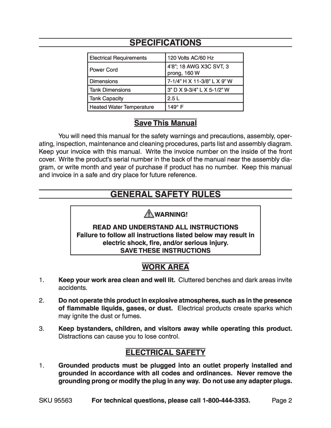 Chicago Electric 95563 manual Specifications, General Safety Rules, Save This Manual, Work Area, Electrical Safety 