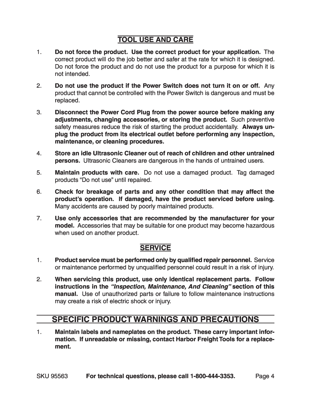 Chicago Electric 95563 manual SPECIFIC product warnings and precautions, Tool Use And Care, Service 