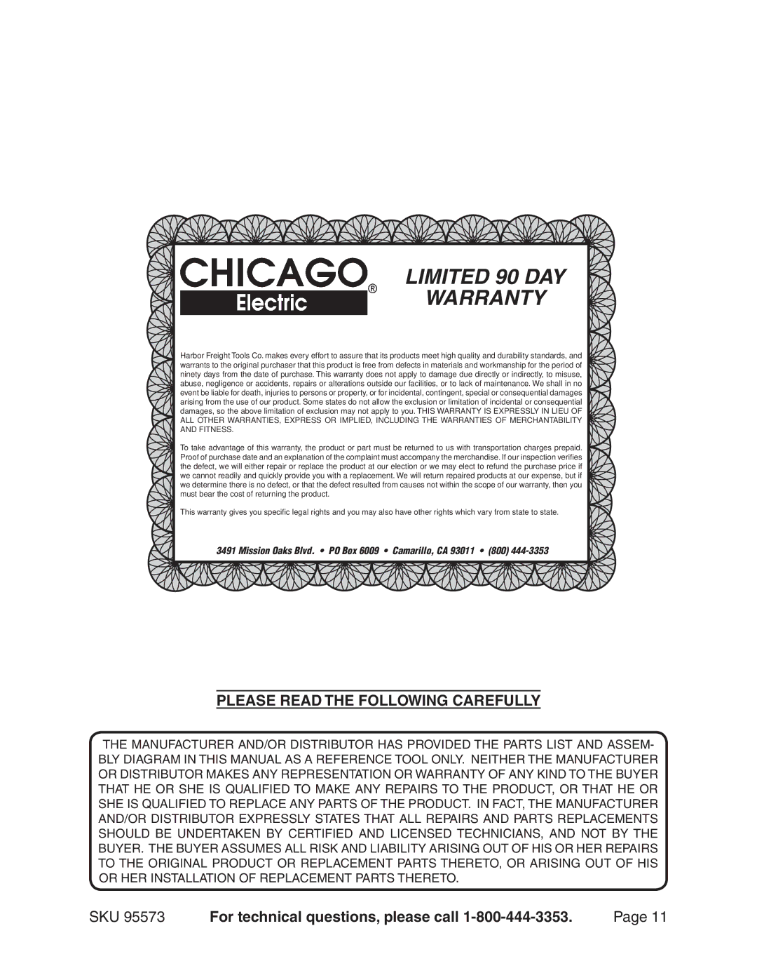 Chicago Electric 95573 manual Limited 90 Day Warranty, Please Read the Following Carefully 