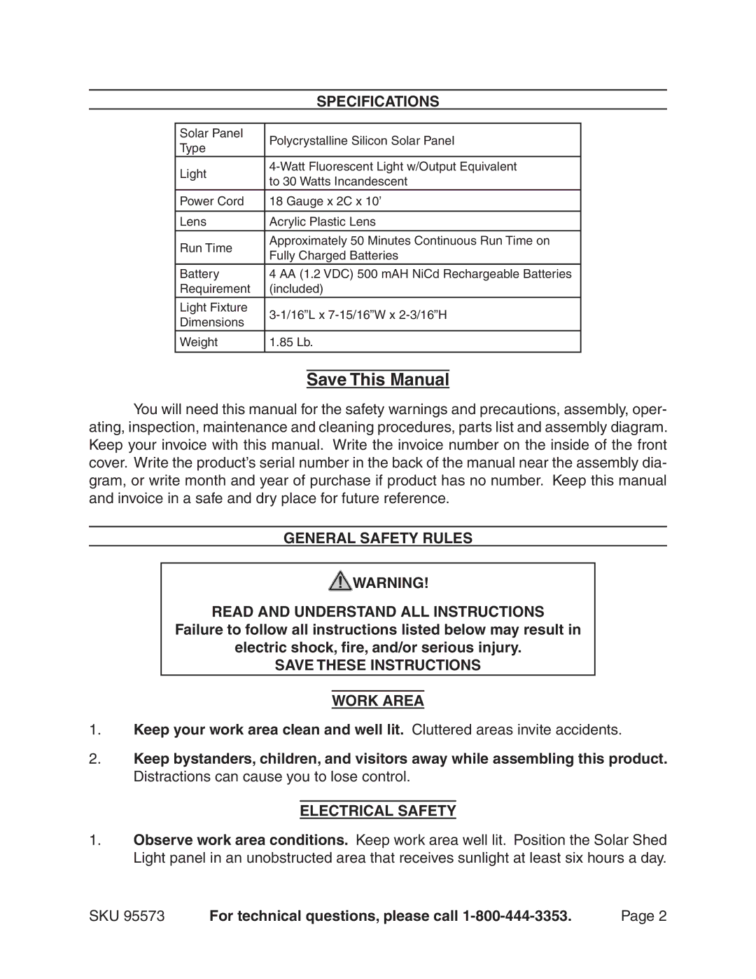 Chicago Electric 95573 manual Specifications, General Safety Rules Read and Understand ALL Instructions, Electrical Safety 