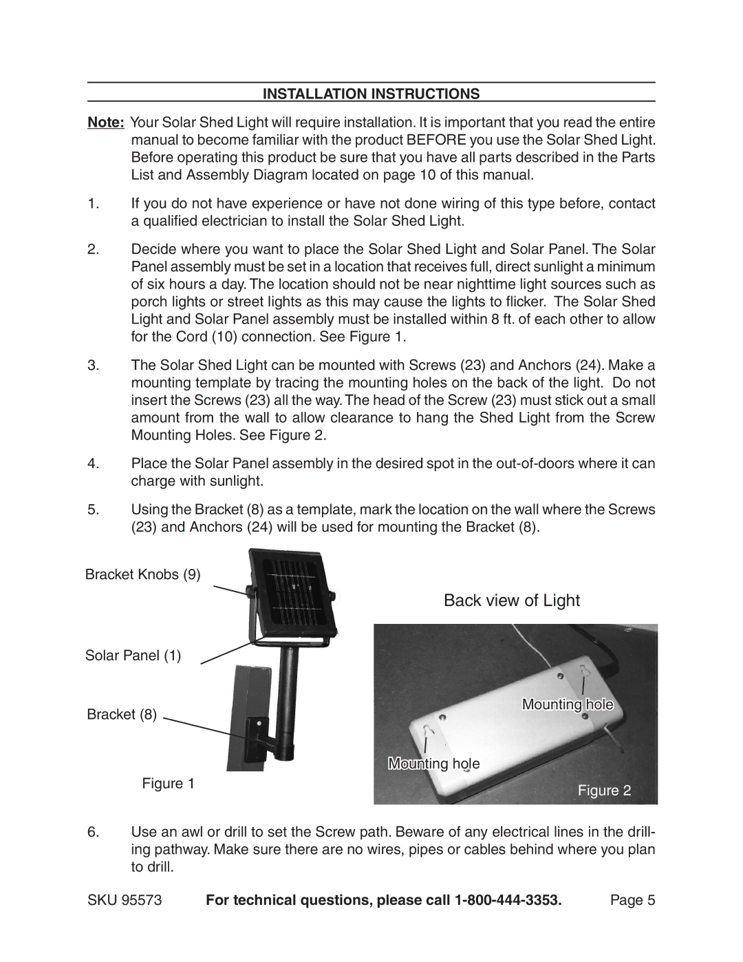 Chicago Electric 95573 manual Back view of Light, Installation Instructions 