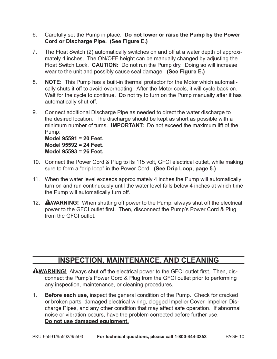 Chicago Electric 95591-.75 HP operating instructions INSPECTION, MAINTENANCE, and Cleaning, Do not use damaged equipment 