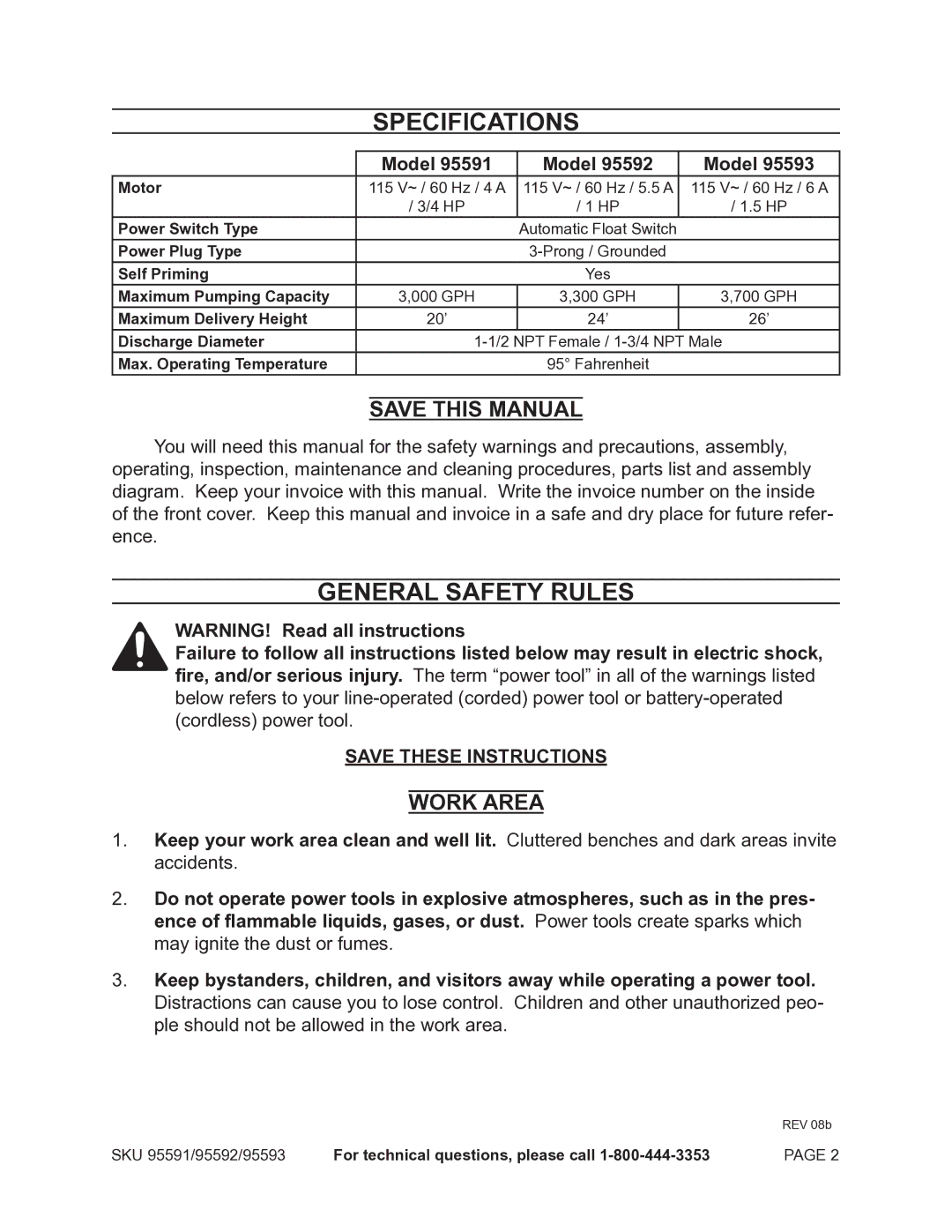 Chicago Electric 95591-.75 HP Specifications, General Safety Rules, Save this Manual, Work Area, Model 