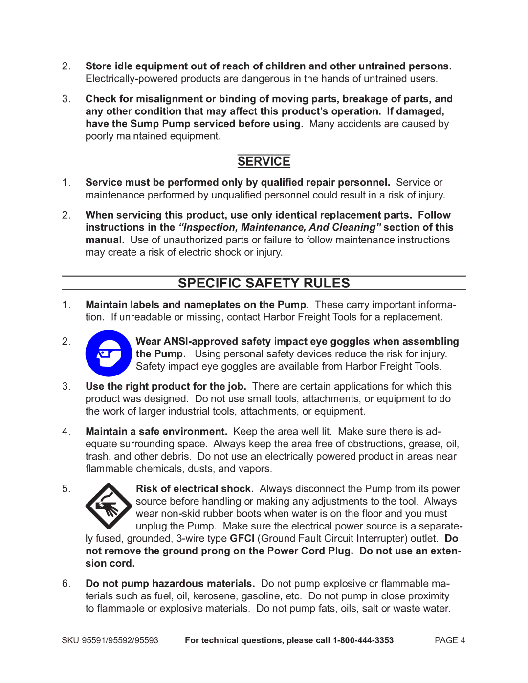 Chicago Electric 95591-.75 HP operating instructions Specific Safety Rules, Service 