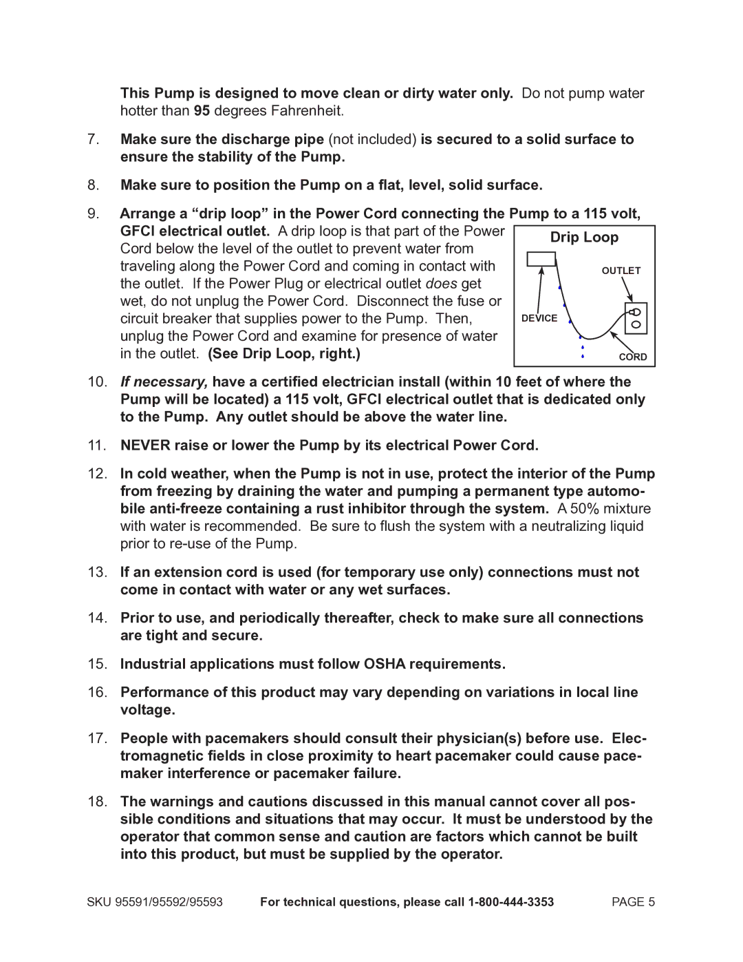 Chicago Electric 95591-.75 HP operating instructions Outlet. See Drip Loop, right 